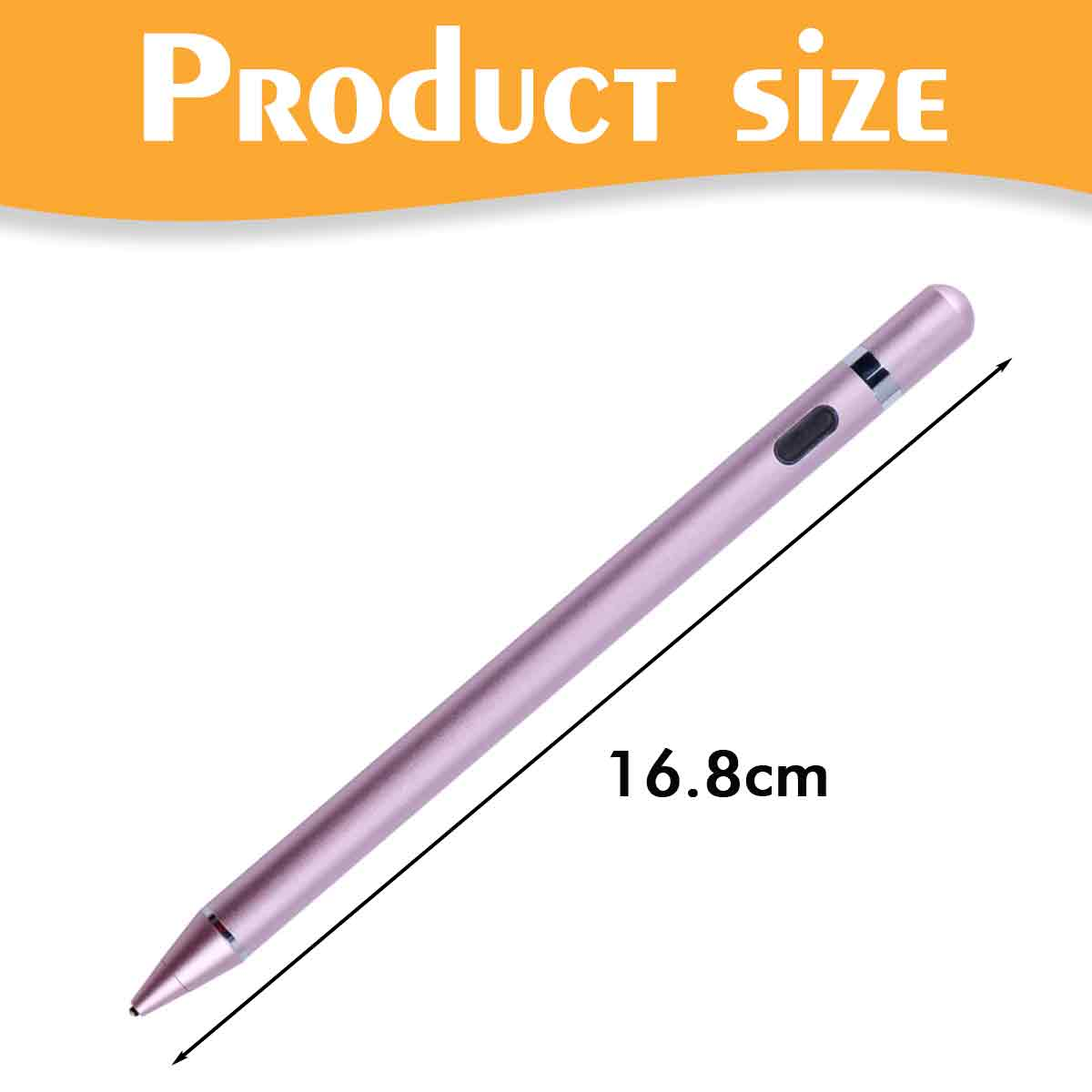 Ein hellvioletter Stift wird mit einer schwarzen Linie gezeigt, die auf seine Länge von 16,8 cm zeigt. Oben steht Produktsize.