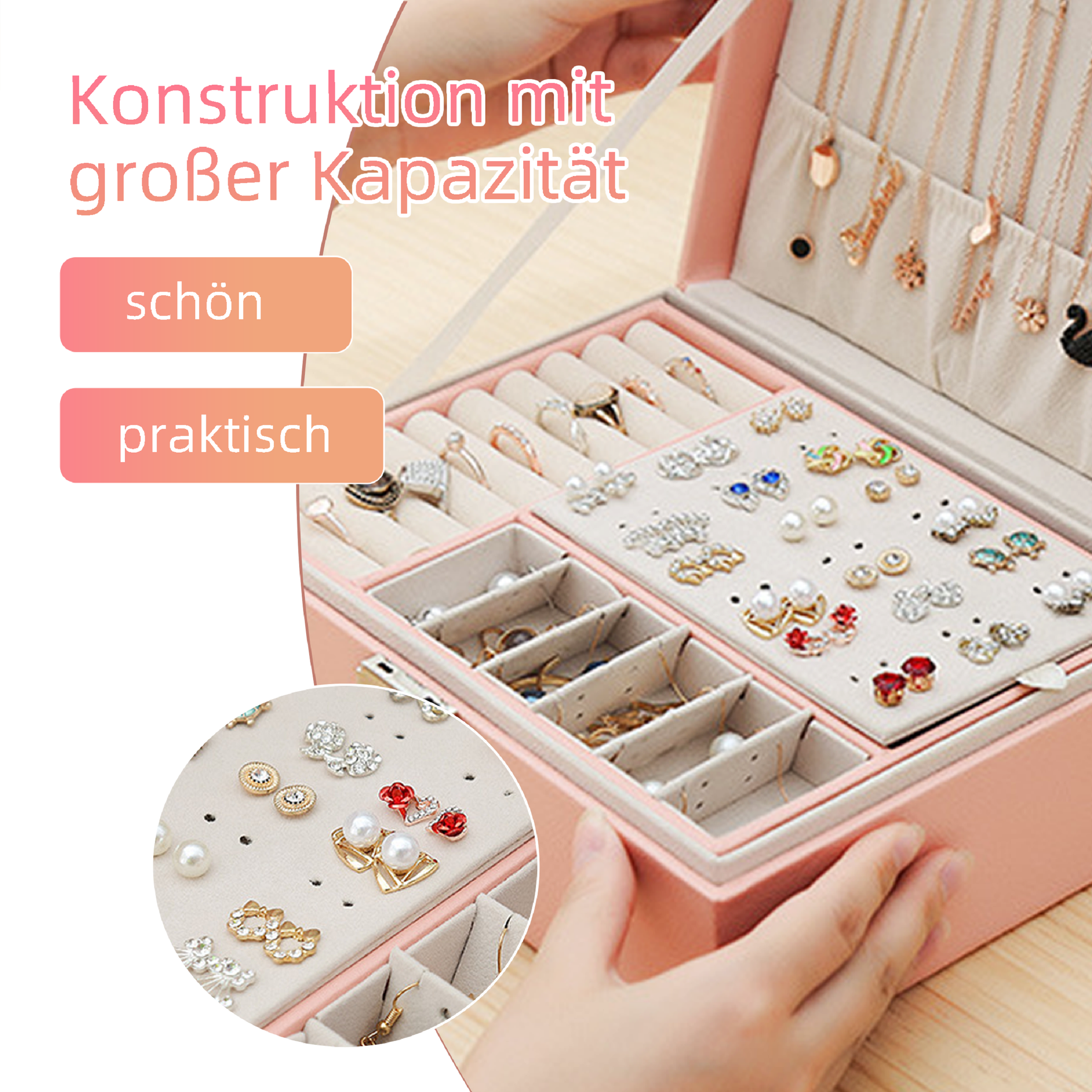 Eine rosa Schmuckschatulle ist geöffnet und mit Ringen, Ohrringen und Halsketten gefüllt. Oben steht "Konstruktion mit großer Kapazität".