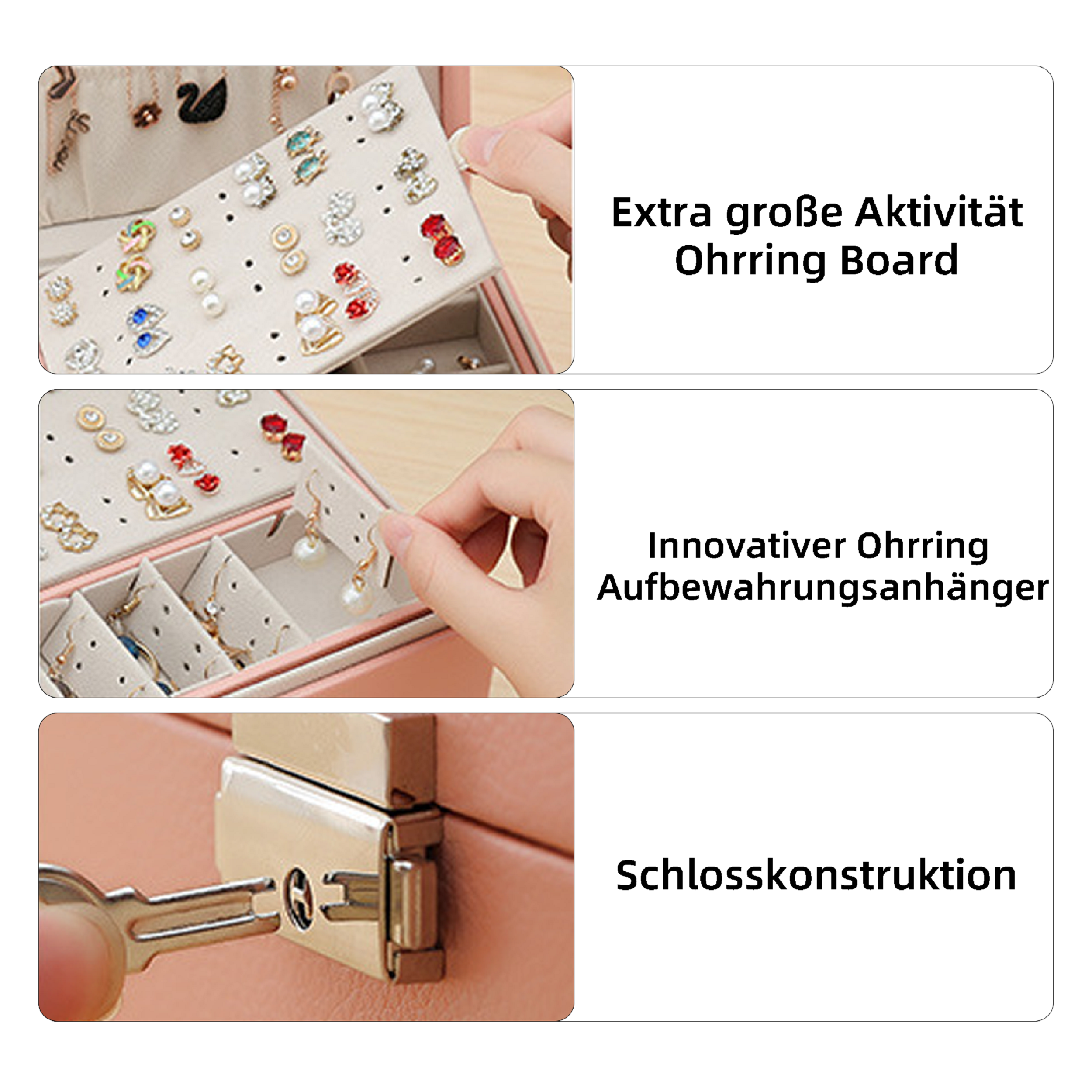 Schmuckschatulle mit drei Abschnitten. Enthält Ohrringe auf einem Display, eine Hand und einen Schlüssel. Rosa.