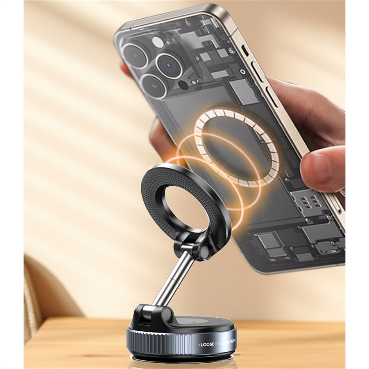 Ein Telefon wird über einem Telefonständer gehalten. Das Telefon ist durchsichtig und zeigt interne Komponenten. Der Ständer ist schwarz und silber.