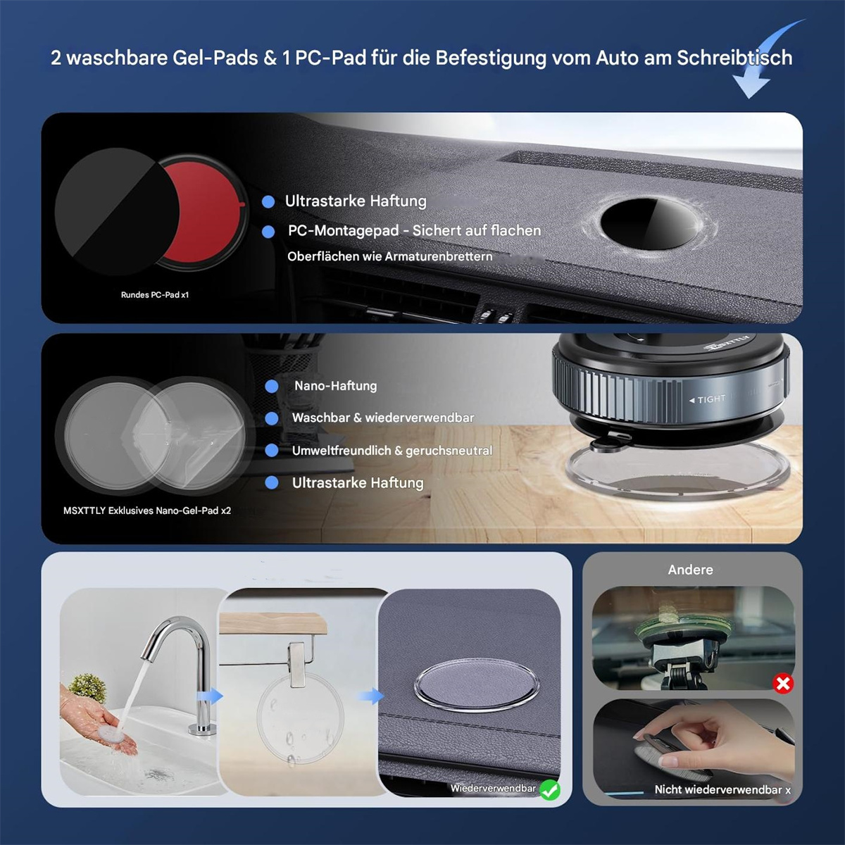 Bild zeigt Gel-Pads und PC-Pad zur Montage vom Auto am Schreibtisch. Merkmale sind starke Haftung, waschbar und wiederverwendbar.