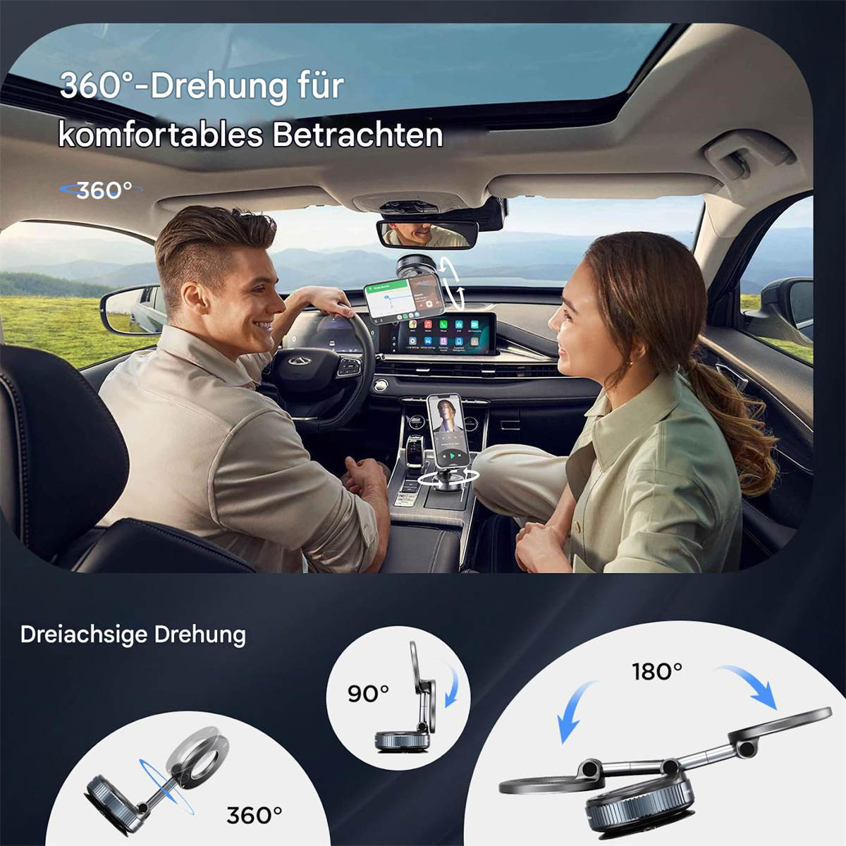 Auto-Innenraum mit Mann und Frau. Telefon auf Halterung. Diagramme zeigen Drehwinkel. Text: '360° Drehung'.