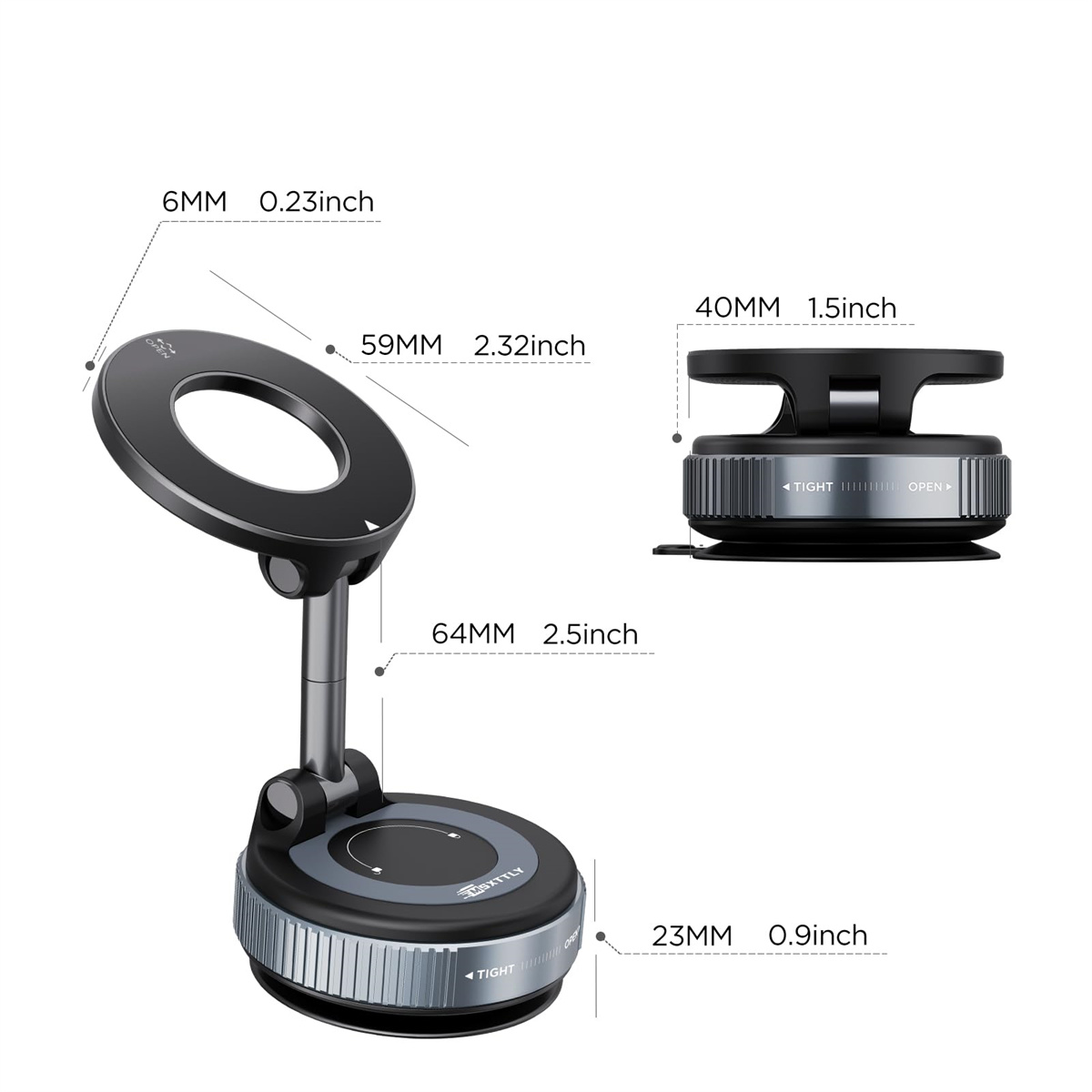 Schwarze und graue LED-Schreibtischlampe mit Maßangaben. Die Lampe hat ein kreisförmiges Licht, einen verstellbaren Arm und einen Sockel.