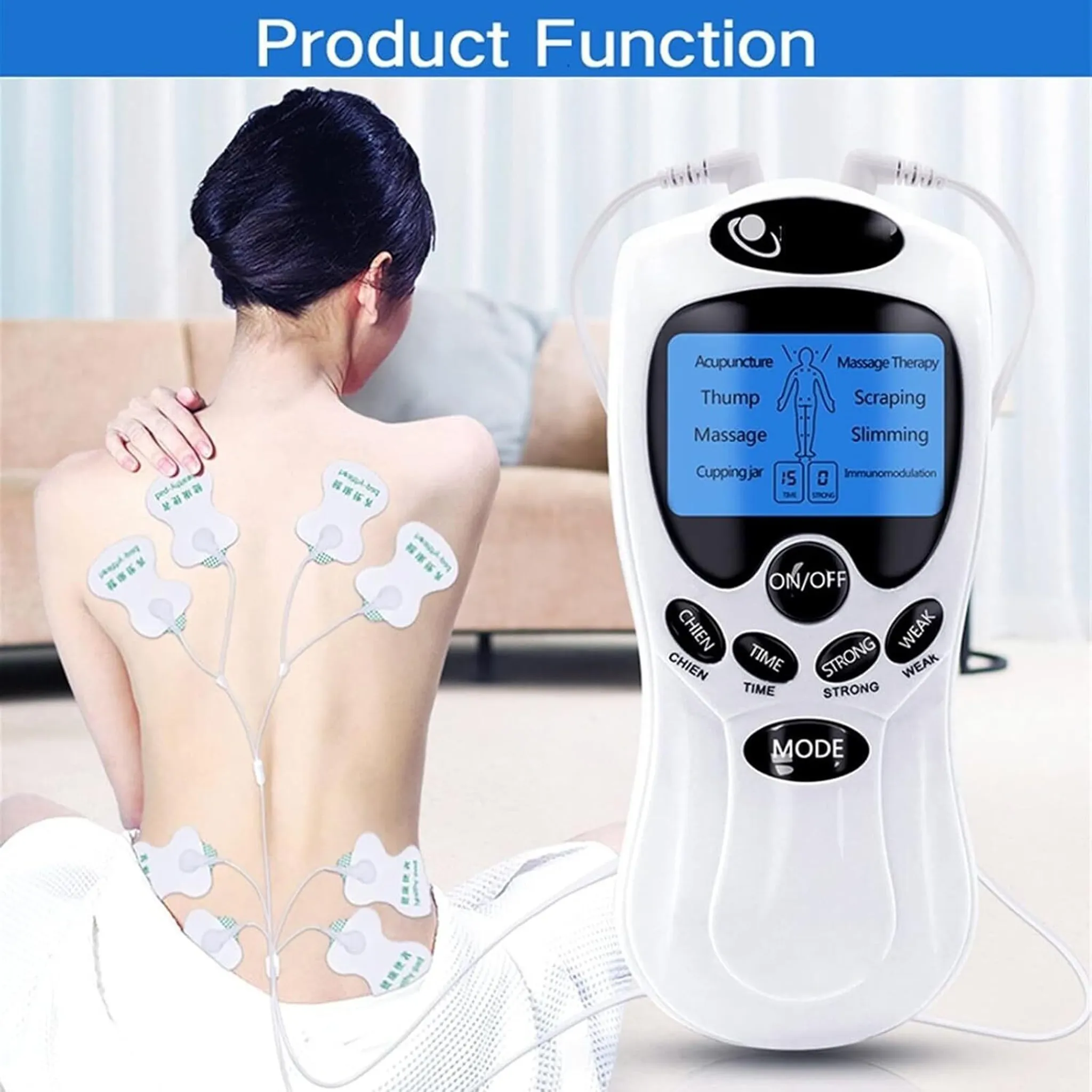 Eine Frau hat ein Elektrotherapiegerät angeschlossen. Pads sind auf ihrem Rücken und Bein. Das Gerät hat einen Bildschirm und Knöpfe.