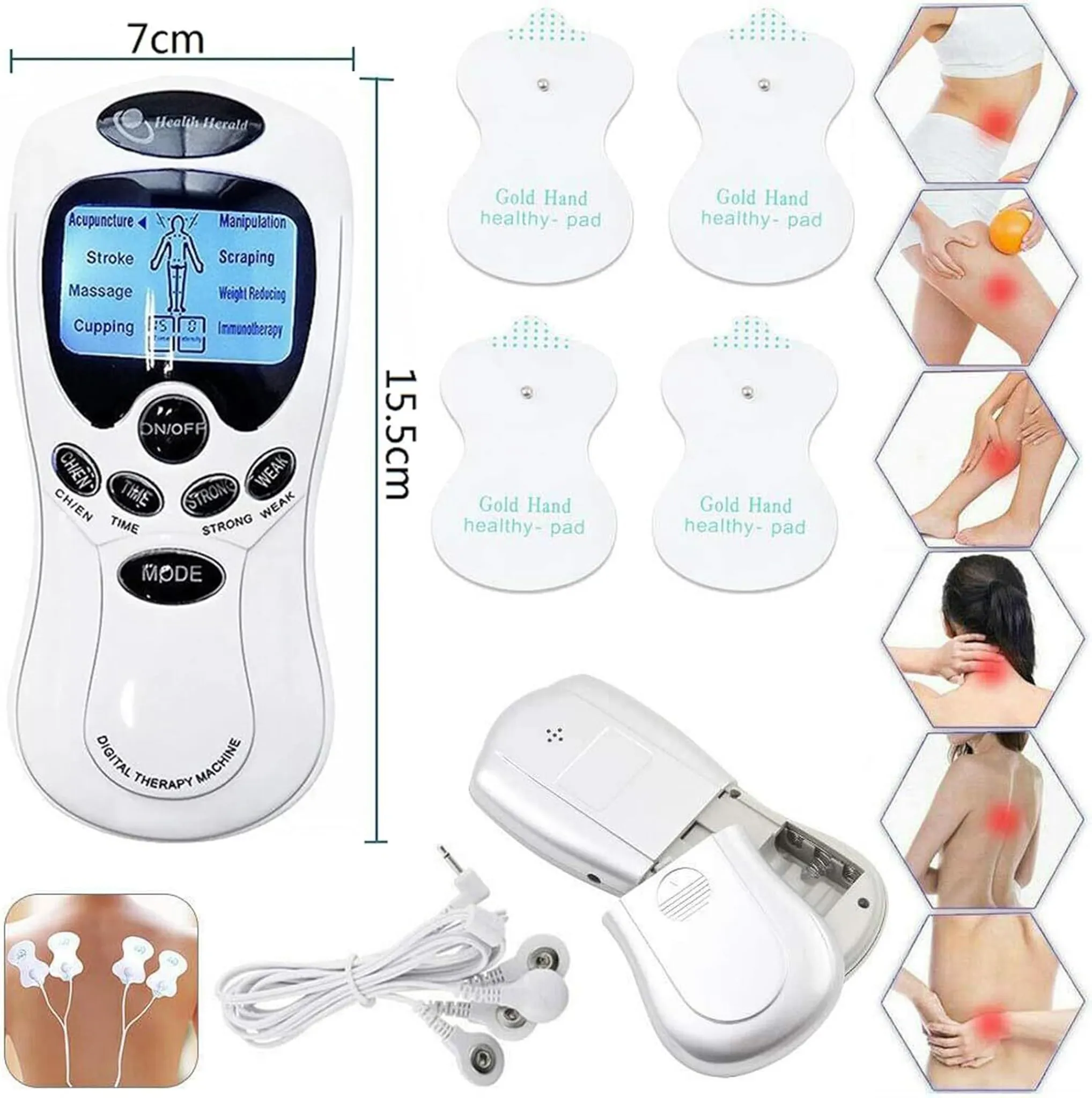 Ein elektrisches Therapiegerät mit Pads und einer Steuereinheit. Es hat verschiedene Behandlungsmodi und Anzeigen wie Akupunktur und Massage.