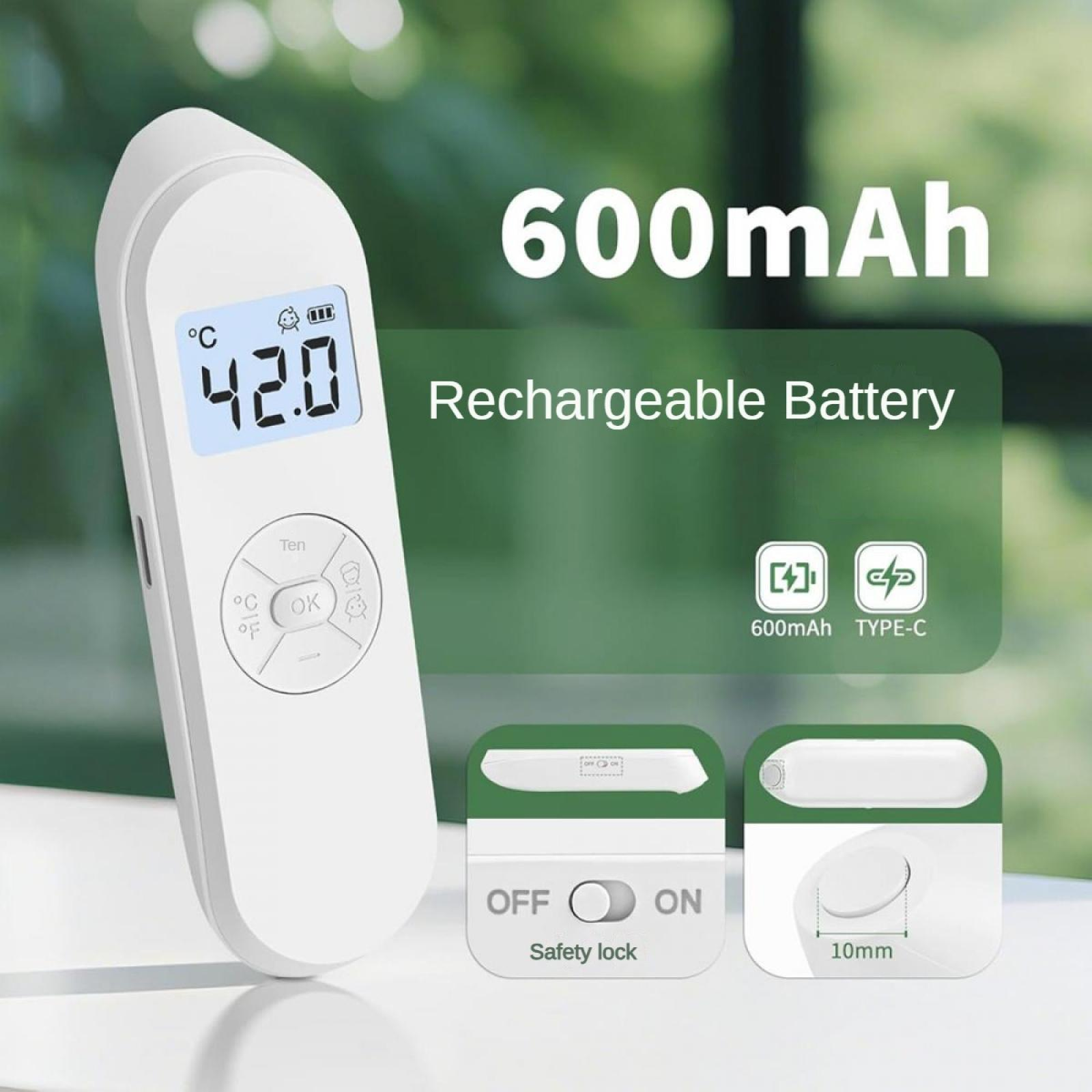 Weißes digitales Thermometer zeigt 42,0°C an. Zu den Merkmalen gehören Knöpfe, eine Betriebsanzeige und der Schriftzug '600mAh Akku'.