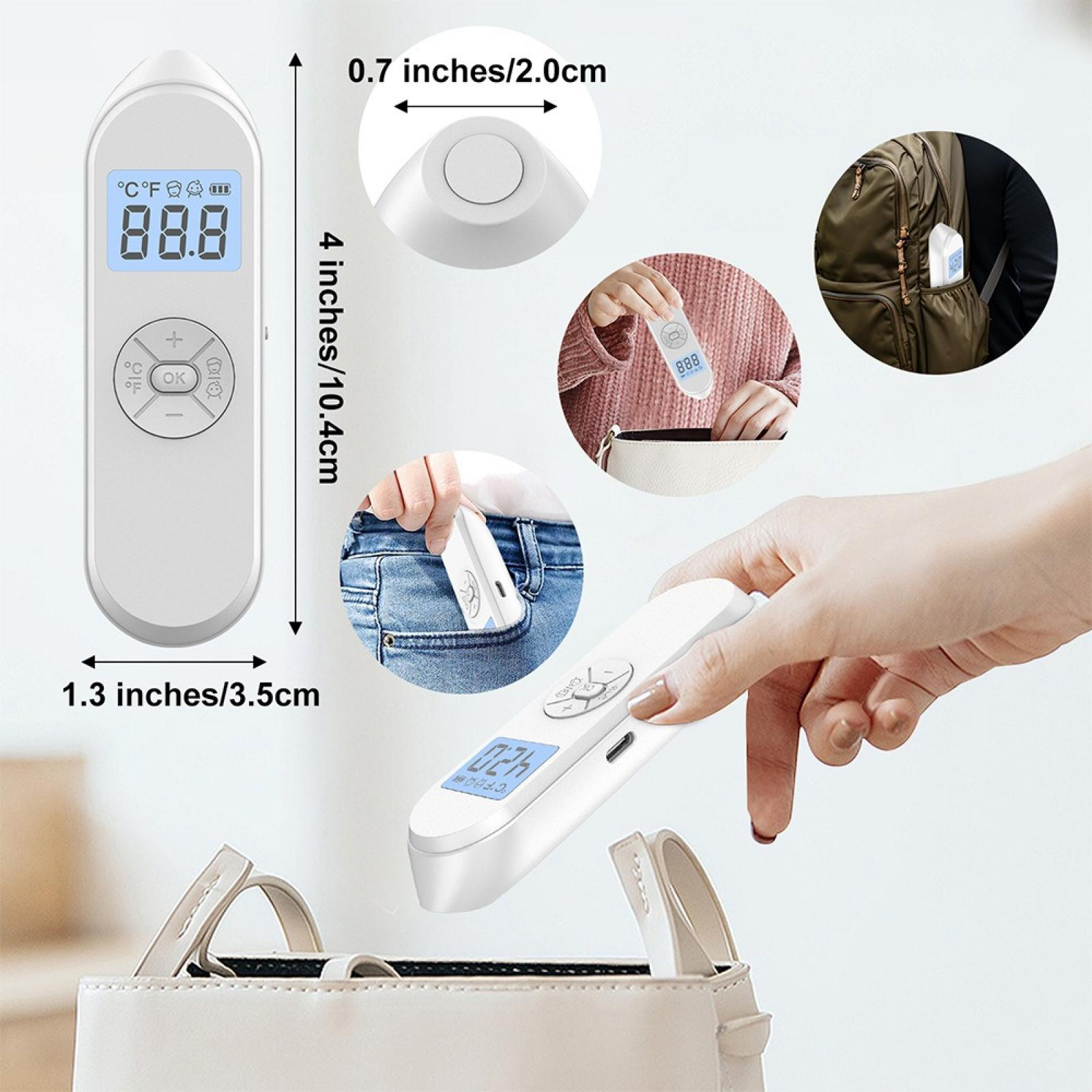 Ein weißes Thermometer mit Digitalanzeige von 88,8 Grad. Verschiedene Anwendungen, einschließlich Taschen und Beutel.
