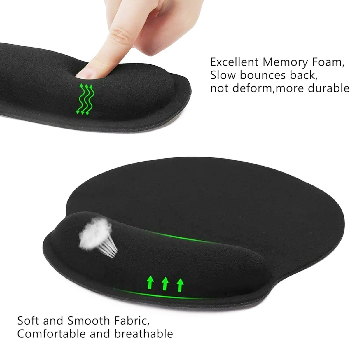 Ein schwarzes ergonomisches Mauspad. Eine Hand drückt auf die Handgelenkauflage und zeigt ihre Weichheit. Text hebt die Eigenschaften des Pads hervor.