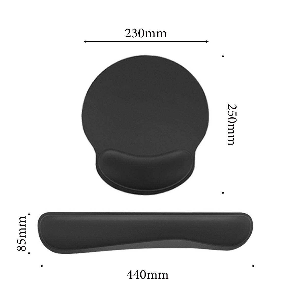 Gezeigt werden ein schwarzes ergonomisches Mauspad und eine Handgelenkauflage mit ihren Abmessungen. Das Mauspad ist rund.