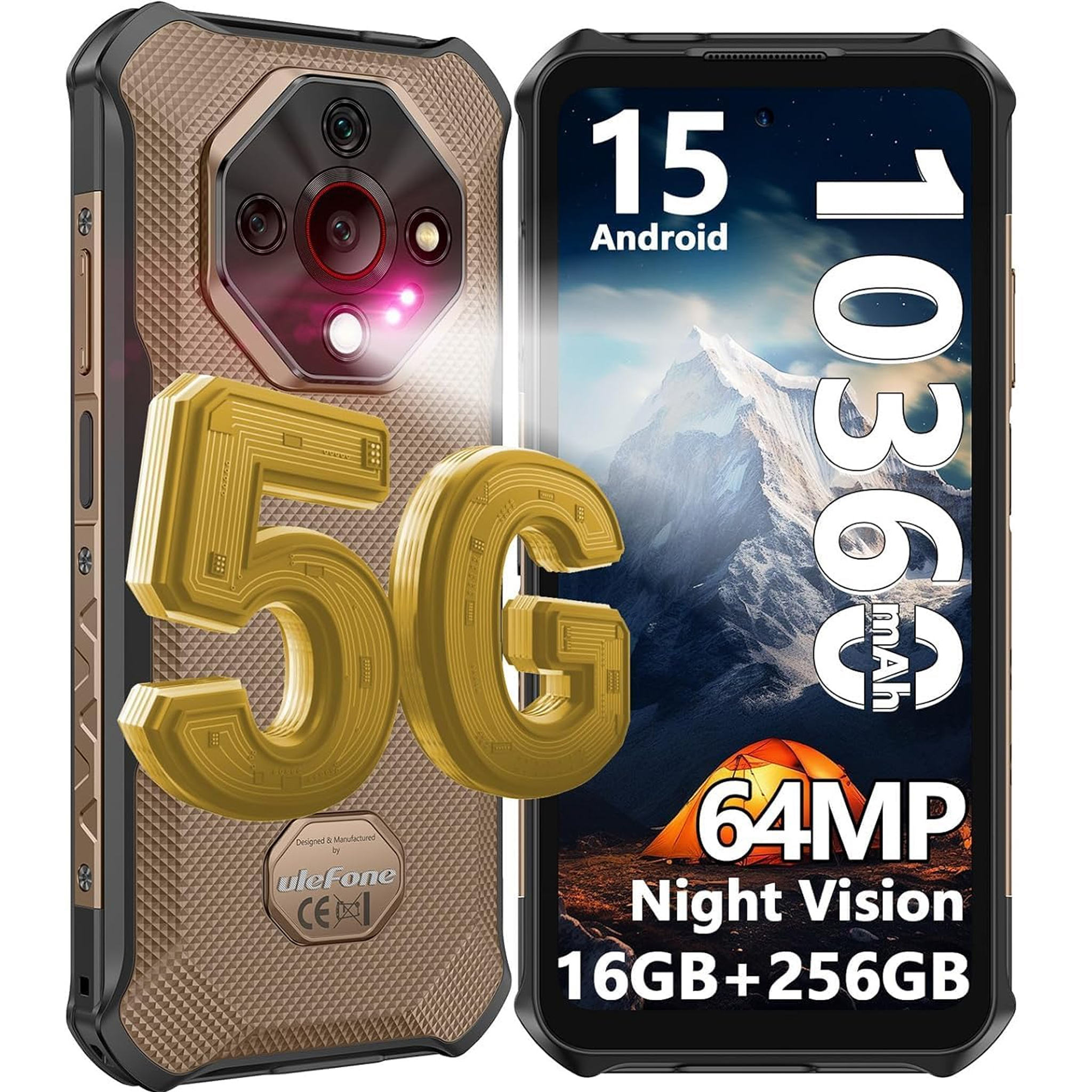 Uno smartphone robusto mostra 5G, 15 Android, 10360 mAh, 64MP Night Vision e 16GB+256GB. Un paesaggio montano è visibile.