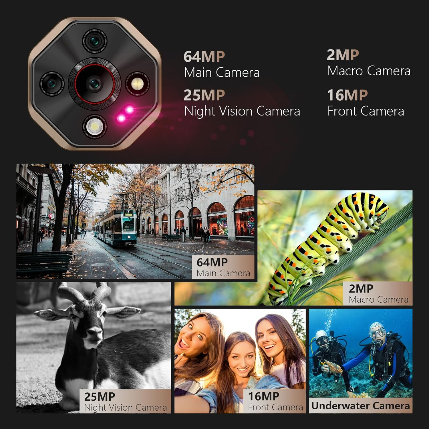 L'immagine mostra un modulo fotocamera del telefono e foto di esempio: città, bruco, cervo, selfie e subacquei. Il testo indica le specifiche della fotocamera.