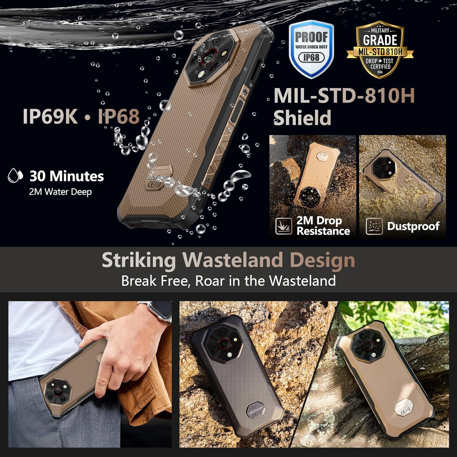 Telefono robusto con resistenza all'acqua, alle cadute e alla polvere. Mostrato con gocce d'acqua e in vari contesti. Sovrapposizioni di testo evidenziano le caratteristiche chiave.