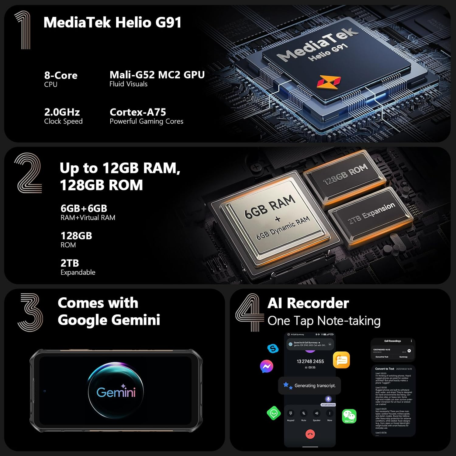 Infografik mit Telefonspezifikationen: MediaTek Helio G91, 12 GB RAM, AI-Recorder und Google Gemini. Enthält ein Telefonbild.