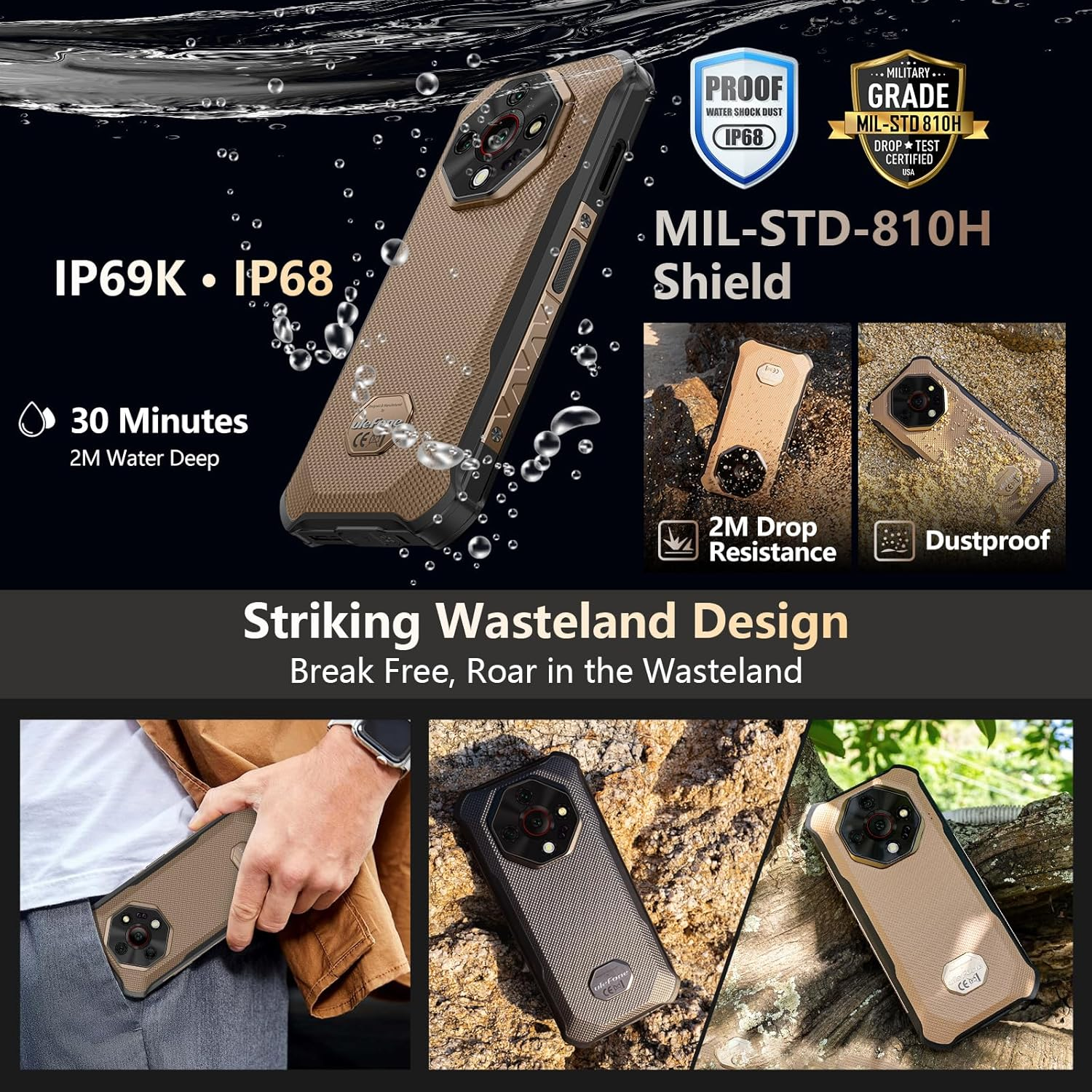 Das Bild zeigt ein robustes Telefon mit Wasser- und Falltestzertifizierungen. Es hat ein auffälliges Ödland-Design.