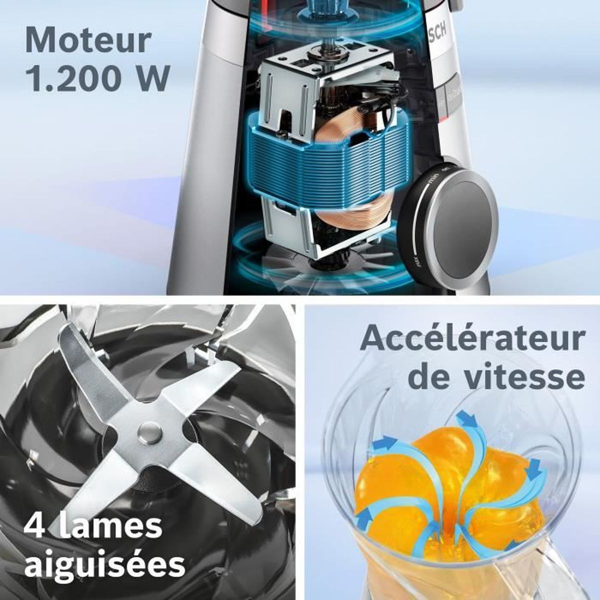 Un frullatore mostra il suo motore, le lame e il controllo della velocità. Il motore ha alette di raffreddamento blu. Ci sono 4 lame affilate. La velocità è controllata.