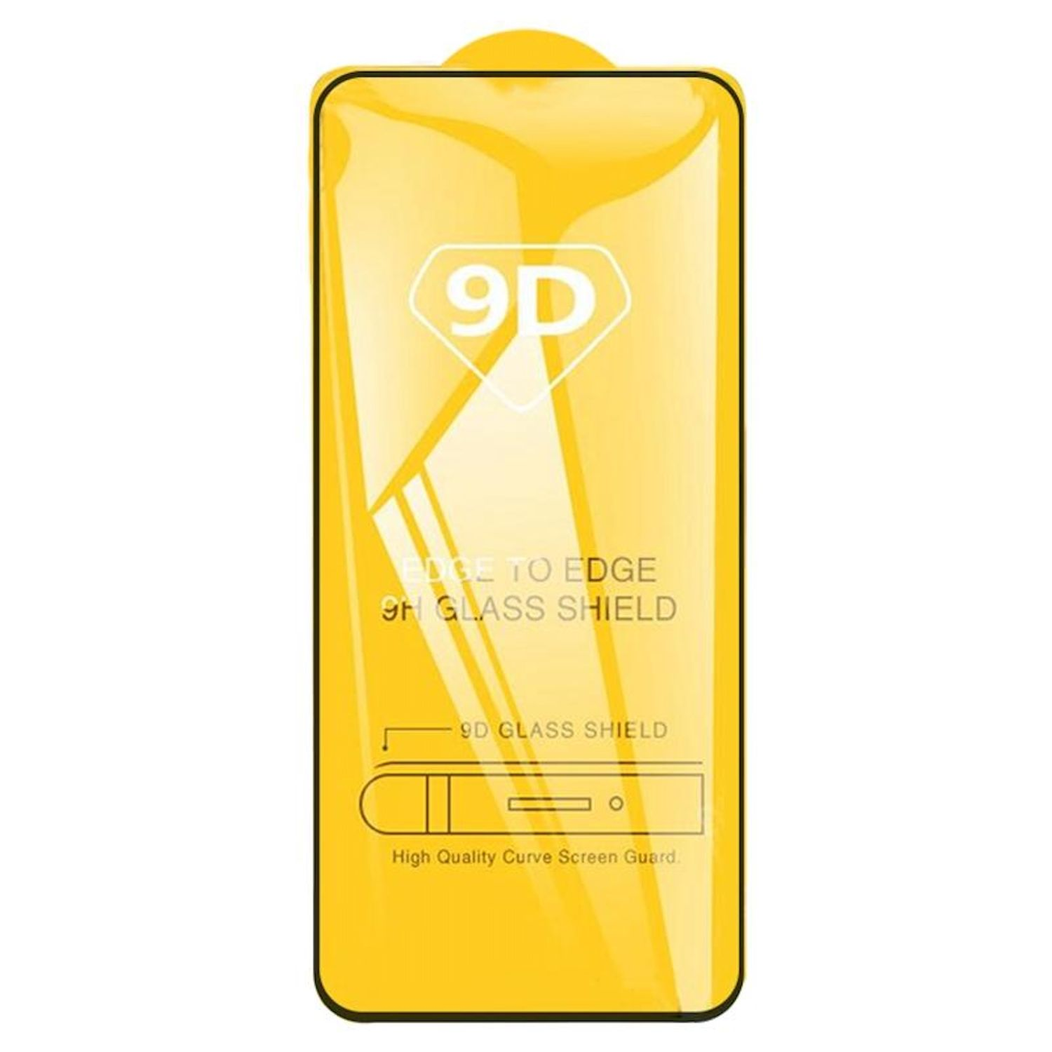 Proteggi schermo giallo con cornice nera. Il testo include '9D', 'Edge to Edge', '9H Glass Shield' e 'High Quality Curve Screen Guard'.