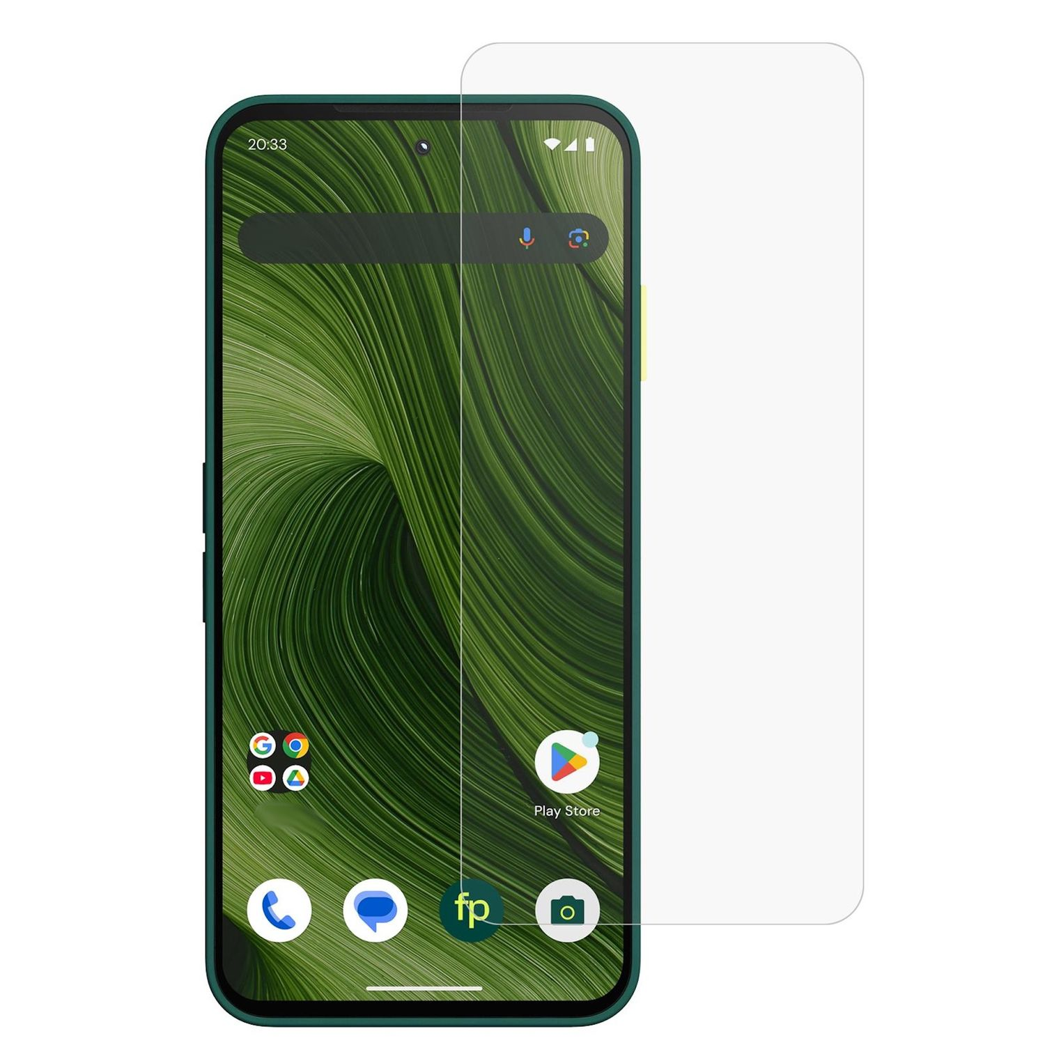 Ein Smartphone mit grünem Gehäuse und Displayschutz. Der Bildschirm zeigt ein grünes Wellenmuster und App-Symbole. Uhrzeit ist 20:33.