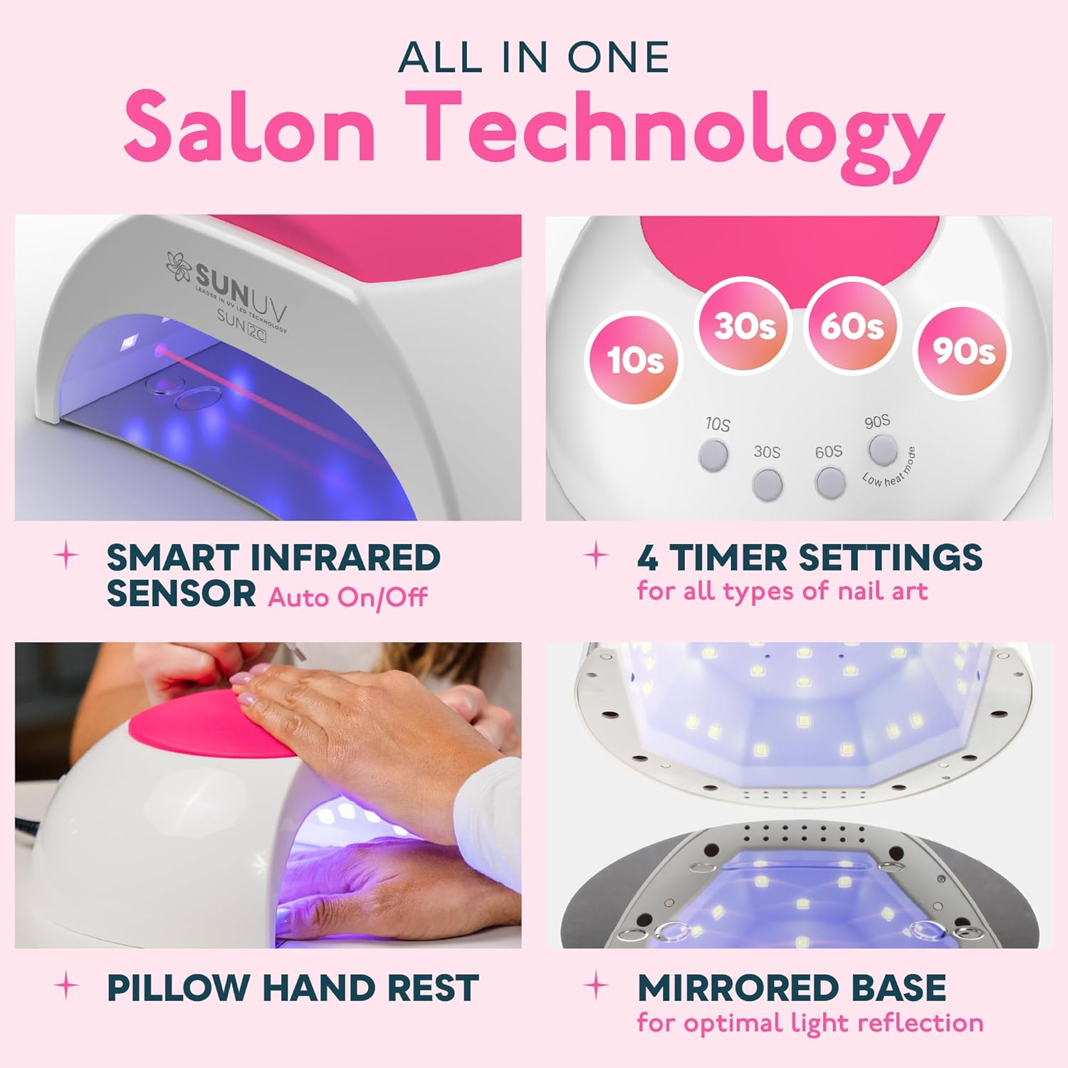 Ein Nagelstudio-Technologiegerät mit rosa Akzenten. Enthält Timereinstellungen, einen verspiegelten Sockel und eine Handauflage.