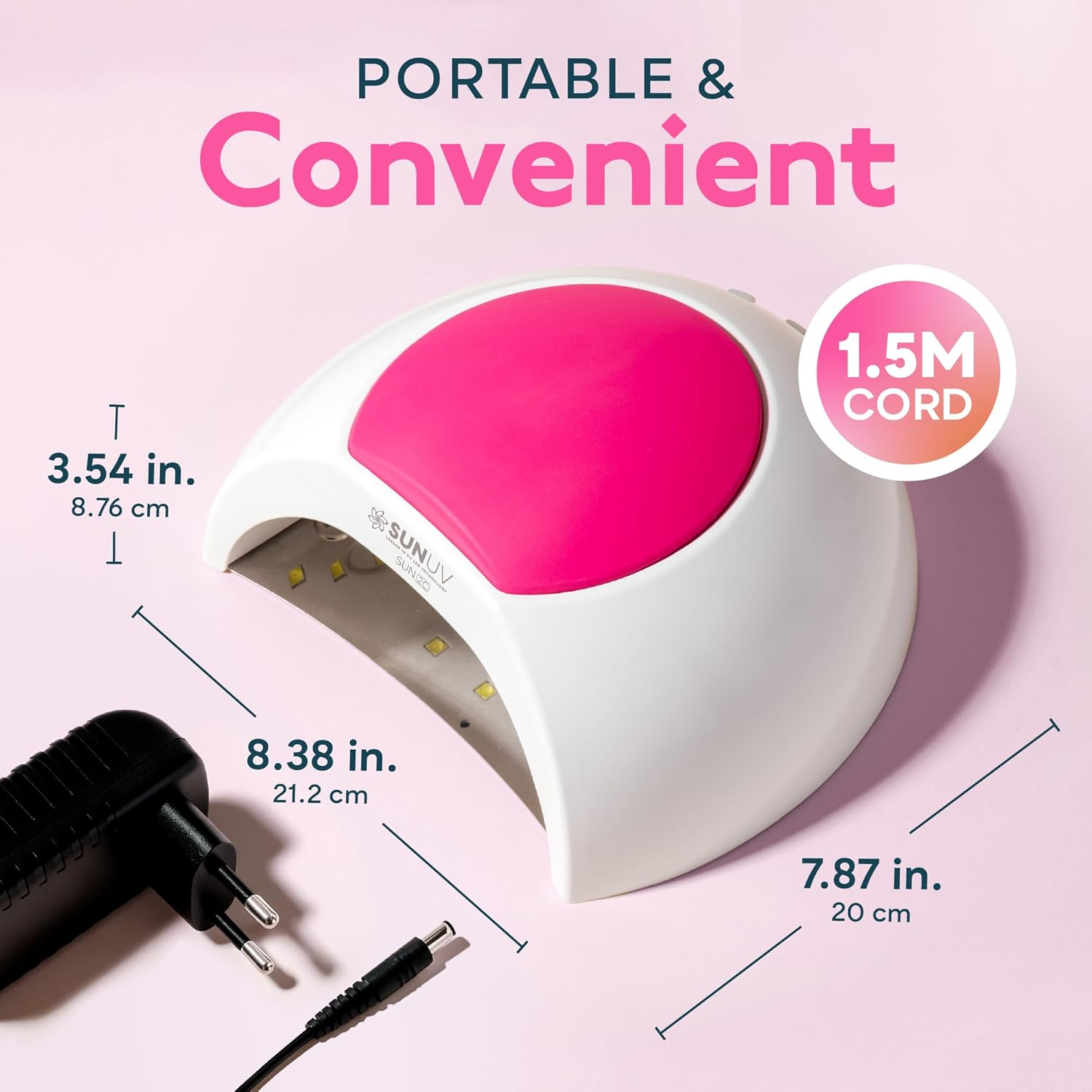 Eine weiß-rosa Nagellampe mit Netzteil und Kabel. Abmessungen sind angegeben. Text lautet 'Portable & Convenient'.