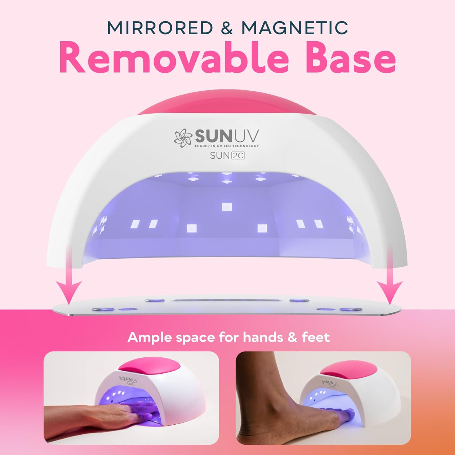 Ein weiß-rosa SUNUV LED-Nageltrockner. Text: Verspiegelt und magnetisch, abnehmbare Basis. Hände und Füße werden gezeigt.