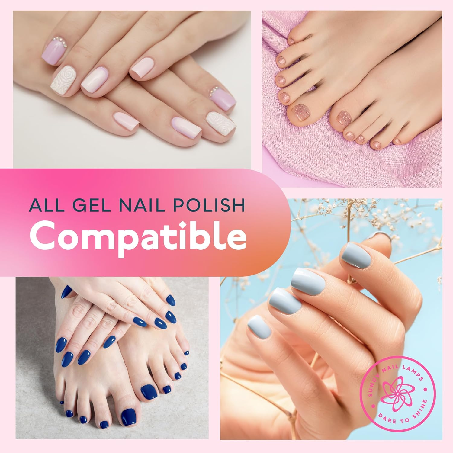 Das Bild zeigt manikürte Hände und Füße mit Gel-Nagellack in verschiedenen Farben. Der Text lautet: 'Alle Gel-Nagellacke kompatibel'.