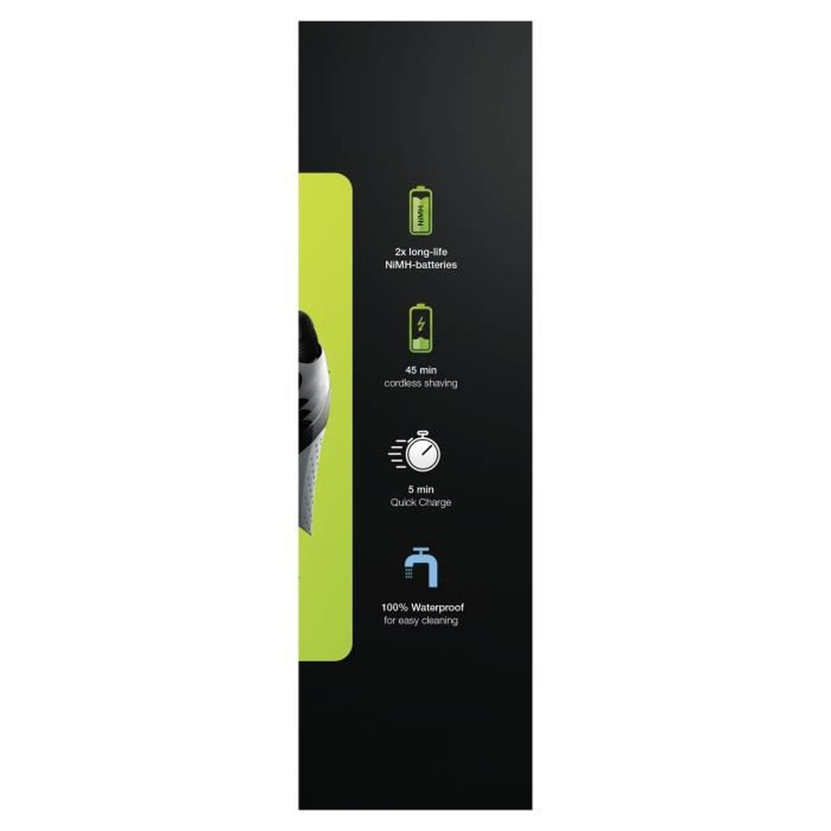 Eine Produktbox mit Symbolen, die Funktionen zeigen: langlebige Batterien, 45 Min. kabellose Rasur, 5 Min. Schnellladung und 100 % wasserdicht.