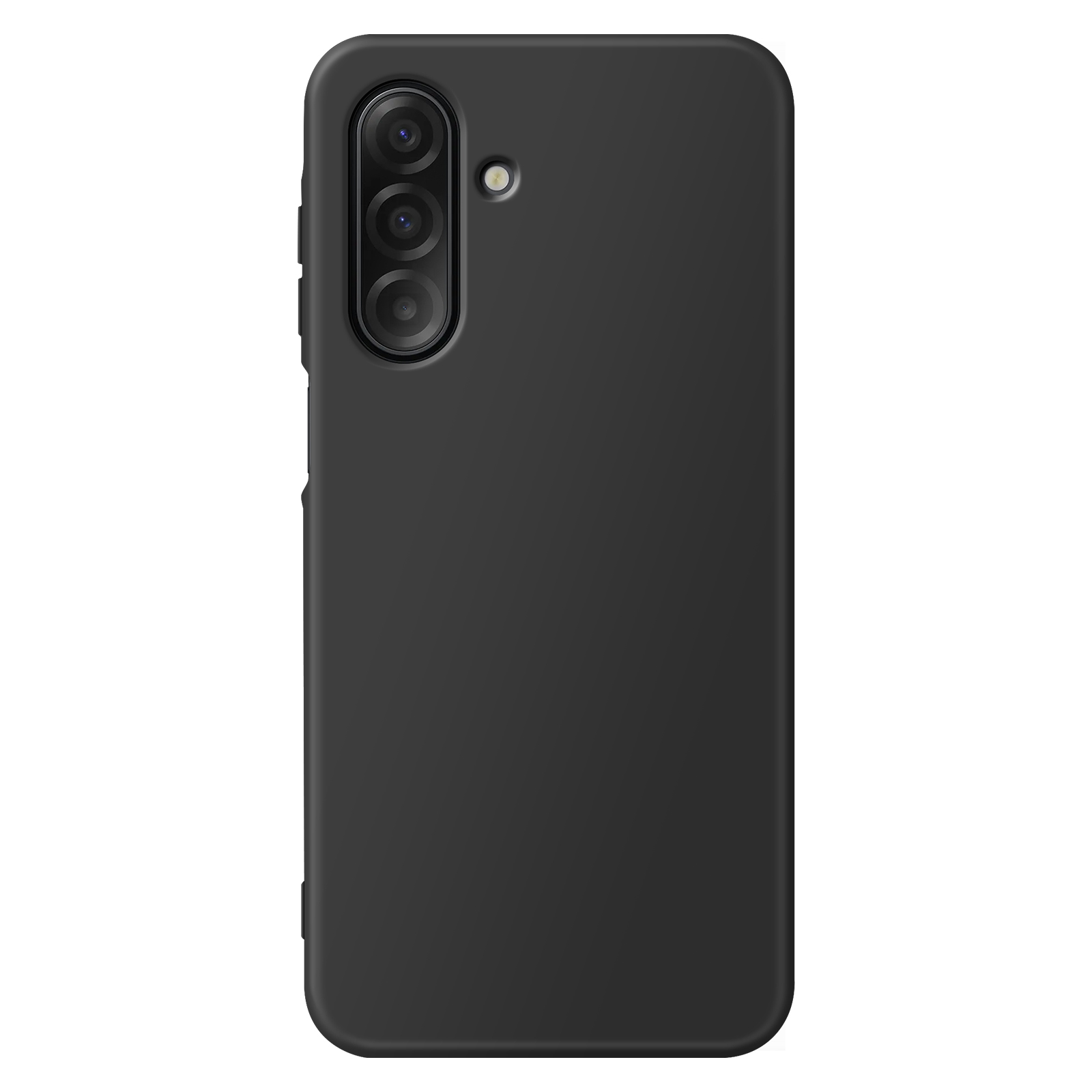 Une coque de téléphone noire avec un module caméra en haut à gauche. La coque est simple, avec boutons volume et marche/arrêt.
