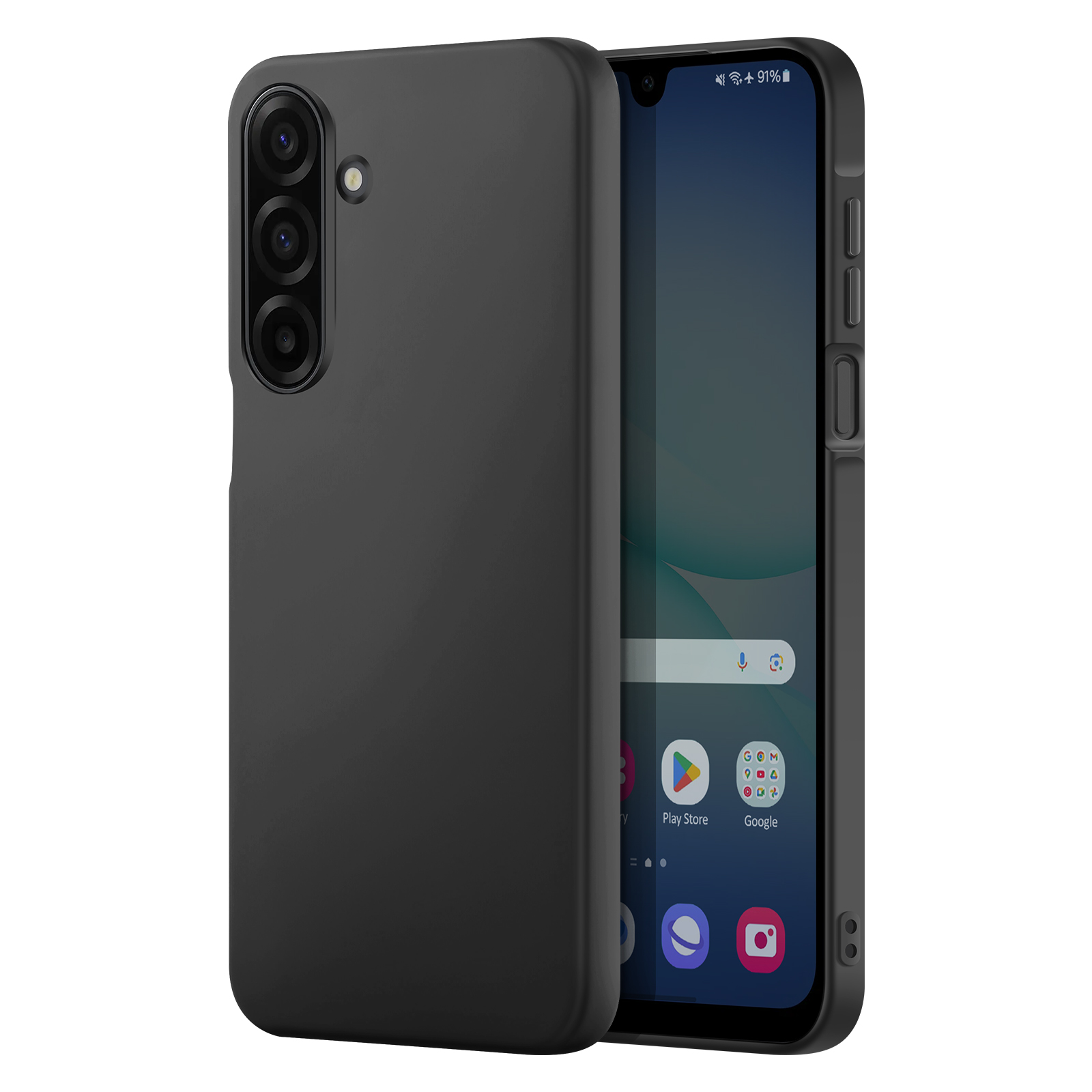 Smartphone noir dans un étui. L'écran affiche des icônes. Le téléphone a trois caméras et un flash.