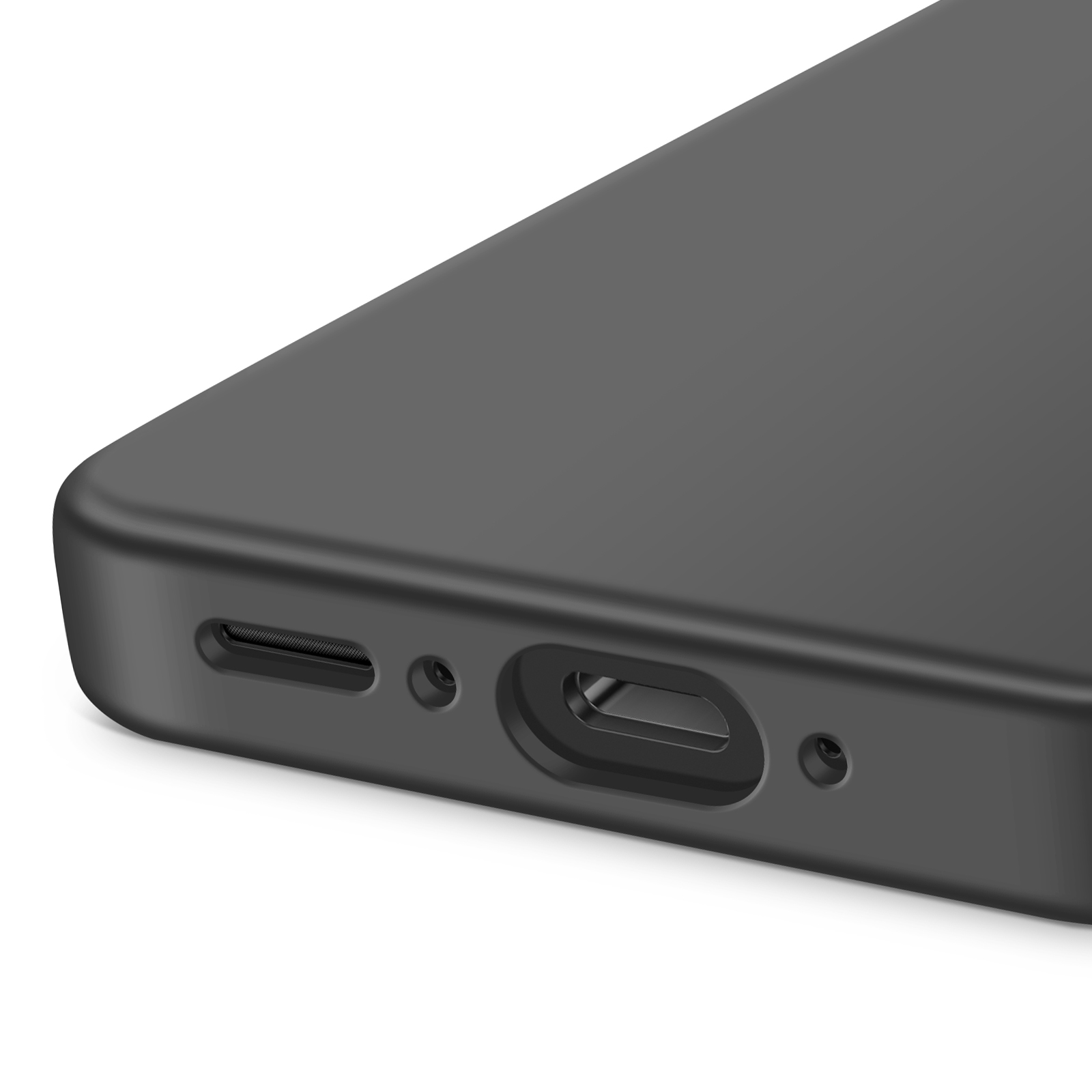Gros plan sur le bord inférieur d'un téléphone noir. Il montre un port de charge, des trous de haut-parleur et une finition lisse et mate sur fond blanc.