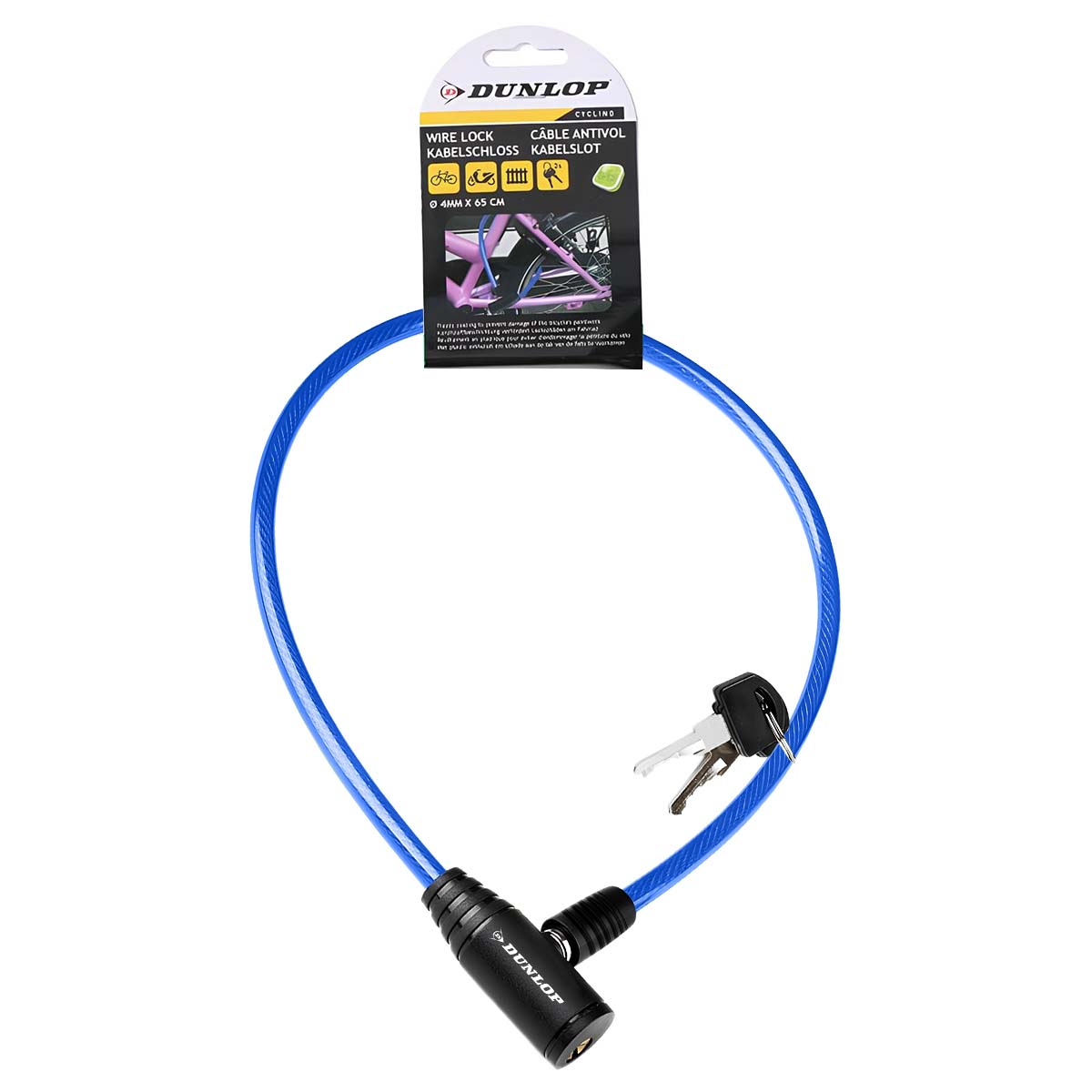Blaues Fahrradkabelschloss mit Schlüsseln und schwarzem Verschlussmechanismus. Die Verpackung zeigt das Dunlop-Logo und Radsportinformationen.