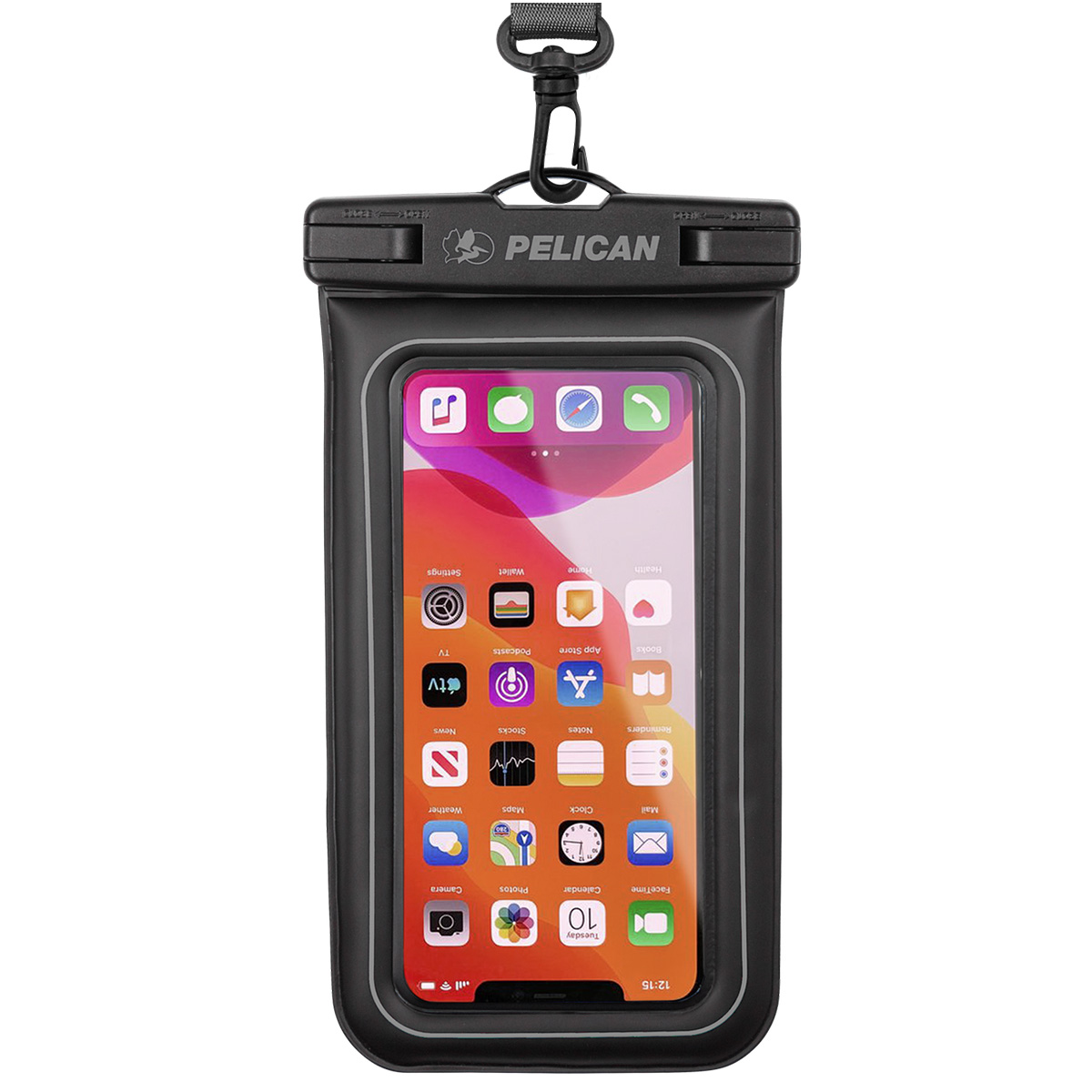 Un telefono all'interno di una custodia impermeabile nera Pelican. Il telefono visualizza icone di app come impostazioni, fotocamera e calendario. L'ora è 12:15.