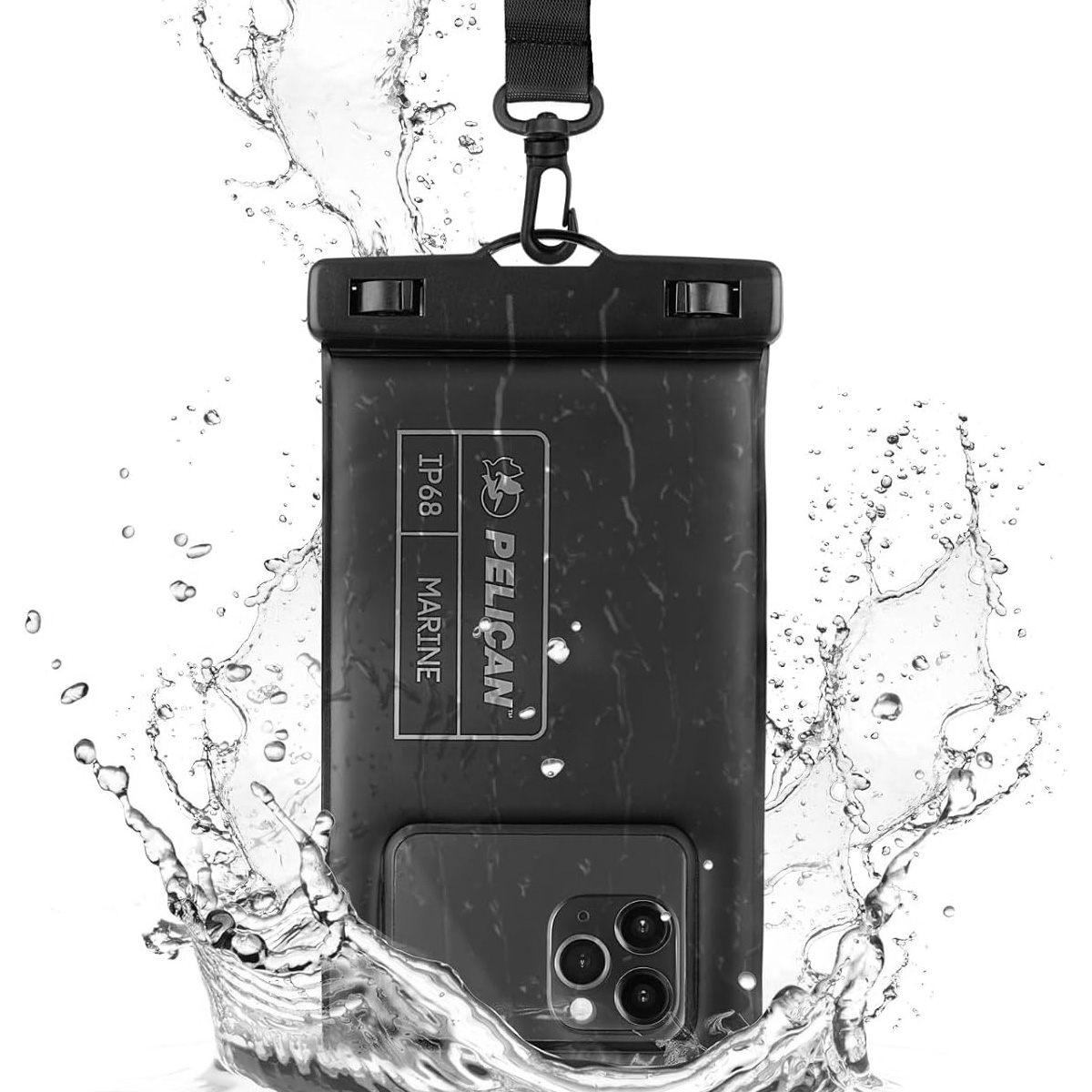 Custodia impermeabile Pelican nera con telefono all'interno, circondata da schizzi d'acqua. Una cinghia è attaccata alla custodia.
