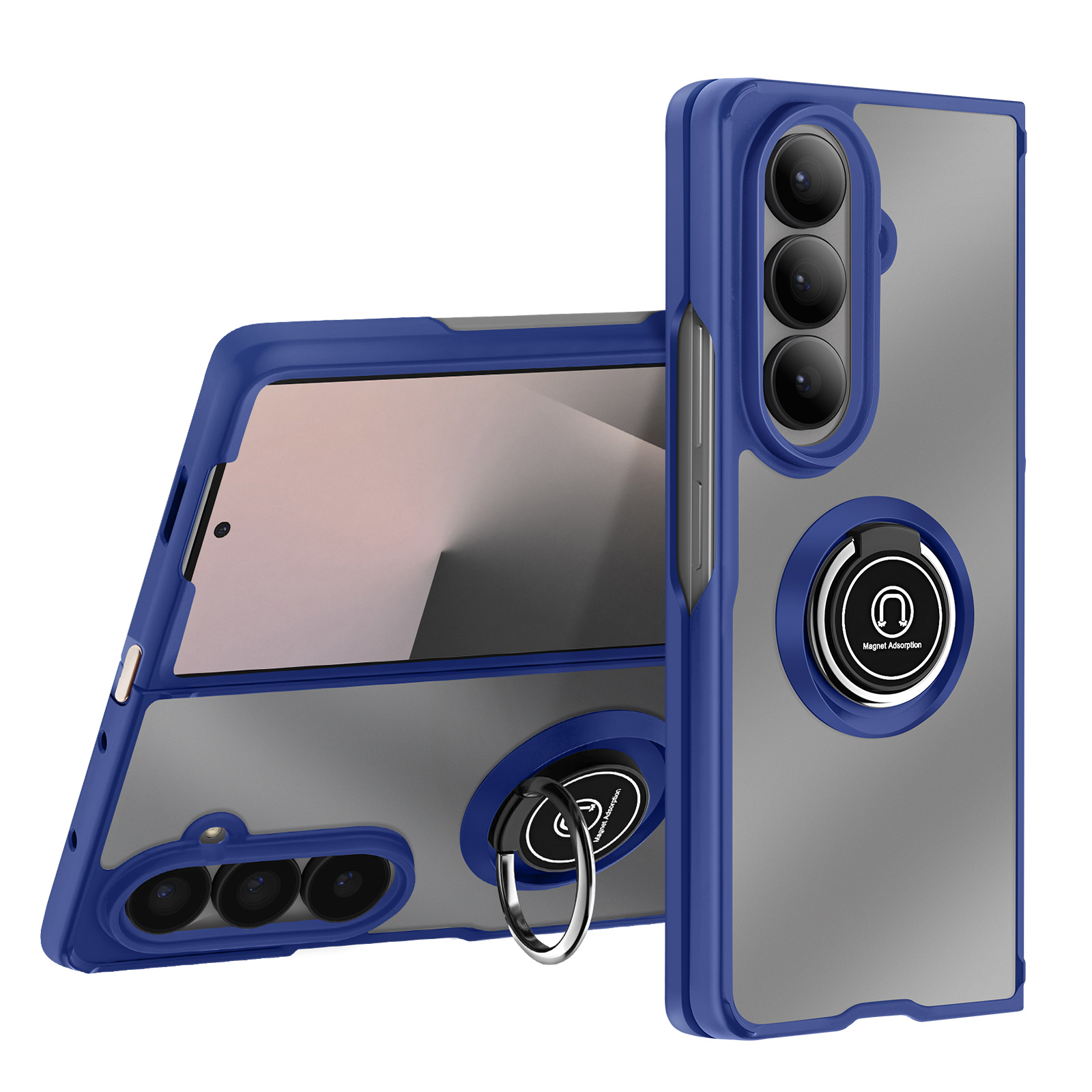 Coque de téléphone bleue avec un support de bague. L'étui a trois objectifs et un dos transparent. Fond blanc.