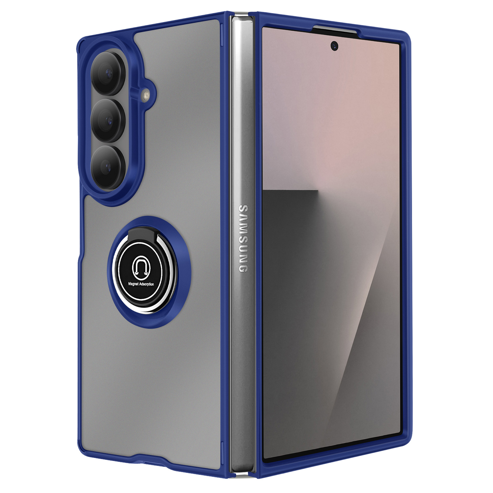 Un étui de téléphone bleu et gris pour un téléphone Samsung. Il possède un support de bague et une configuration de caméra triple.