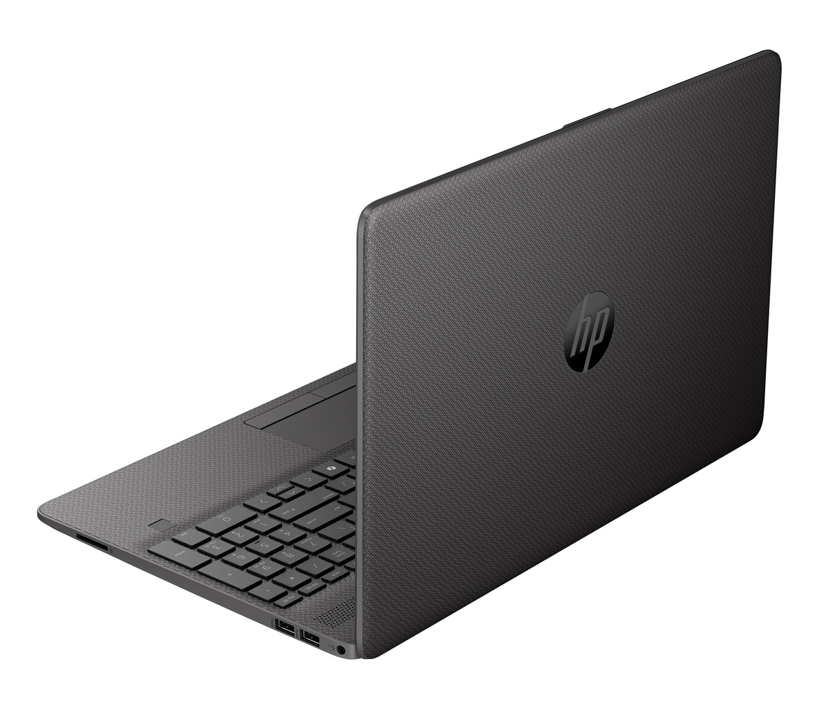 Un laptop HP grigio scuro è aperto, mostrando tastiera e touchpad. Il coperchio è inclinato all'indietro, rivelando il logo HP. Lo sfondo è bianco.