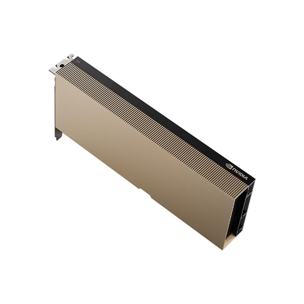 Una scheda grafica NVIDIA beige e nera su sfondo bianco. La scheda è angolata, mostrando il lato e la parte superiore con il logo NVIDIA.