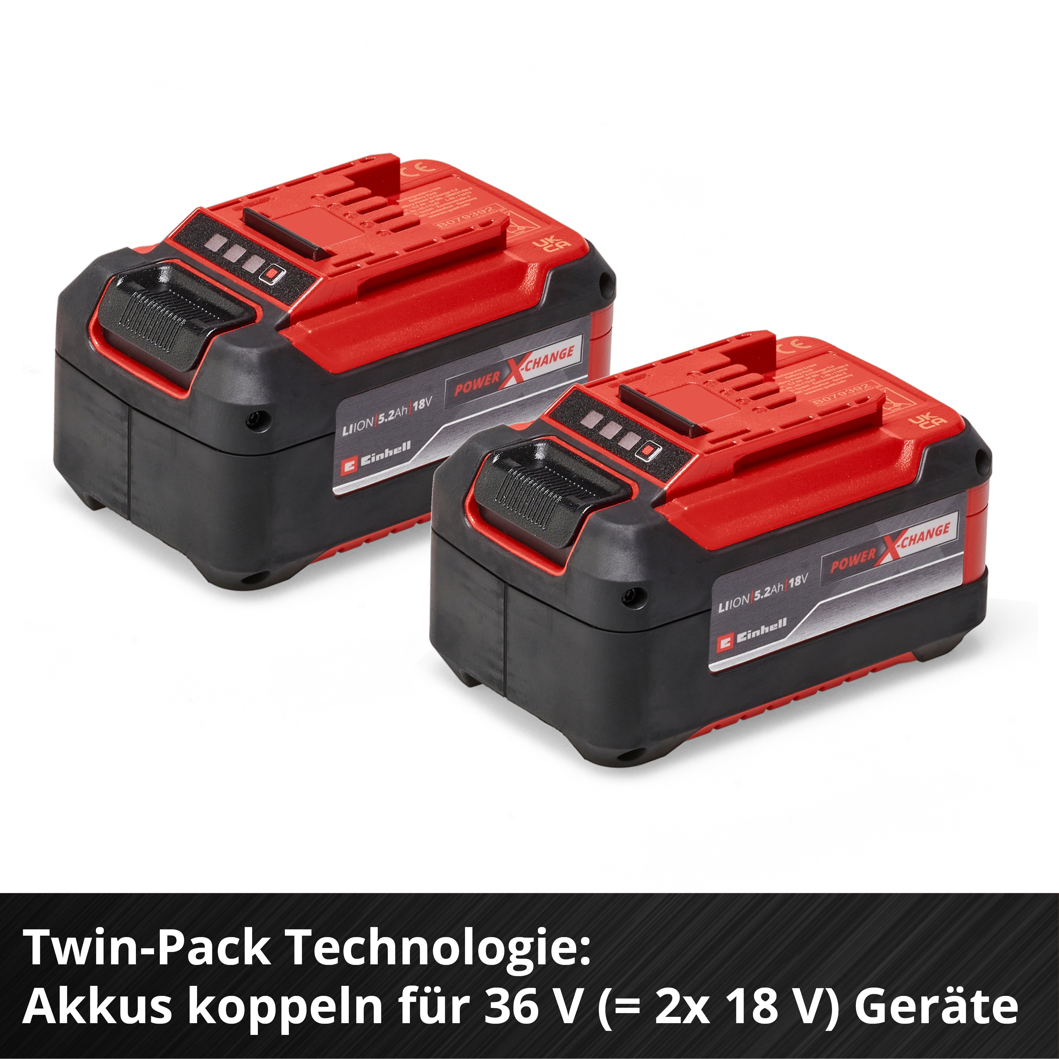 Zwei rote und schwarze Akkus. Text: Twin-Pack Technologie: Akkus koppeln für 36 V (= 2x 18 V) Geräte.