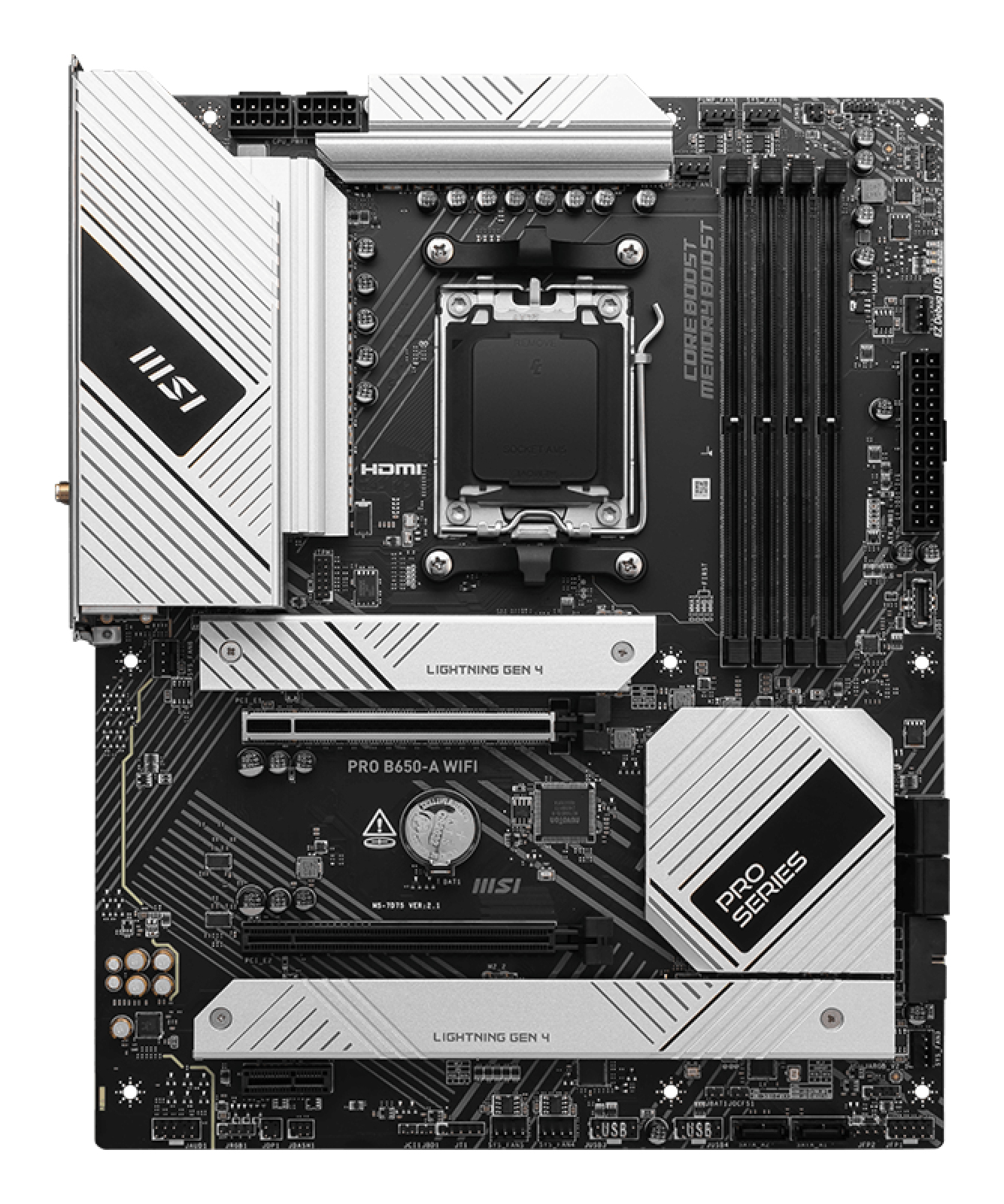 Placa base MSI Pro Series B650-A WIFI. Diseño negro y plateado, con varios componentes y marcas.