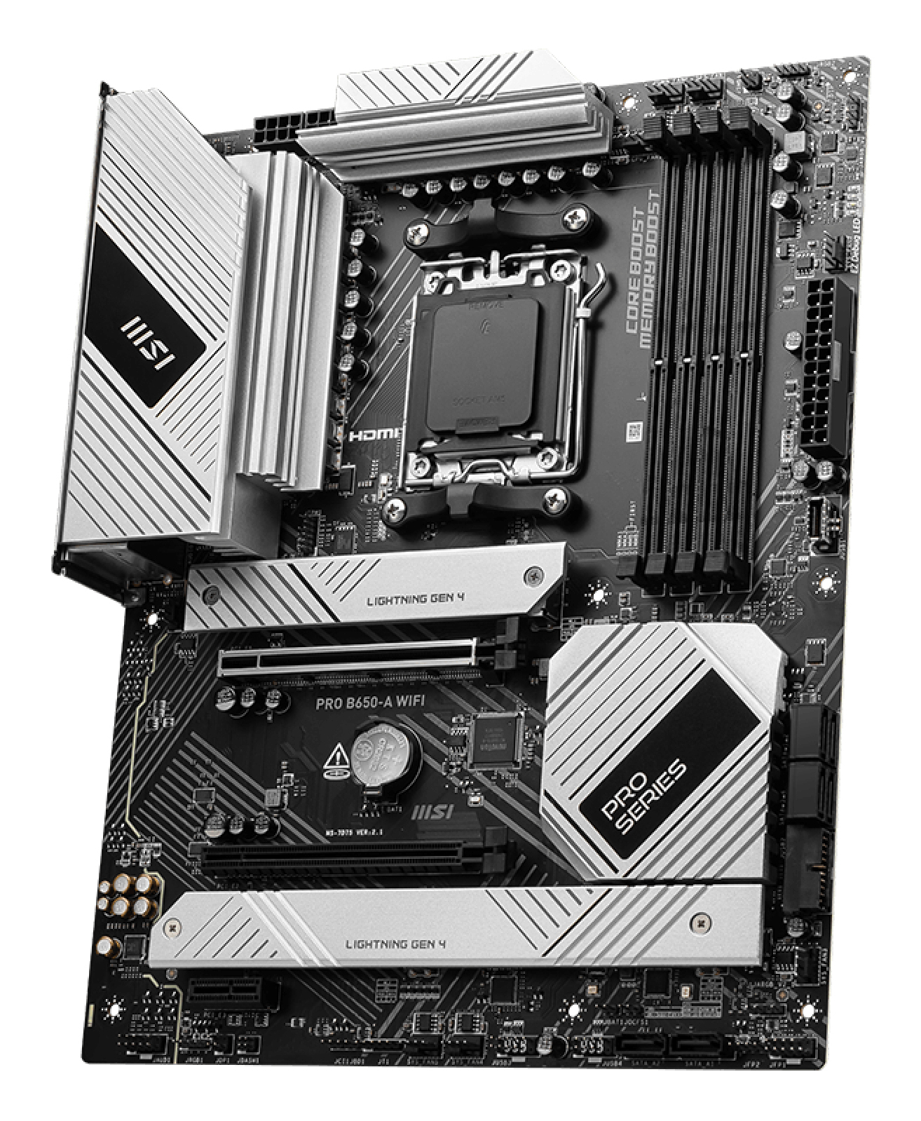 Una placa base de computadora. Disipadores de calor plateados, placa de circuito negro. El texto incluye 'PRO SERIES', 'WIFI' y 'LIGHTNING GEN 4'.