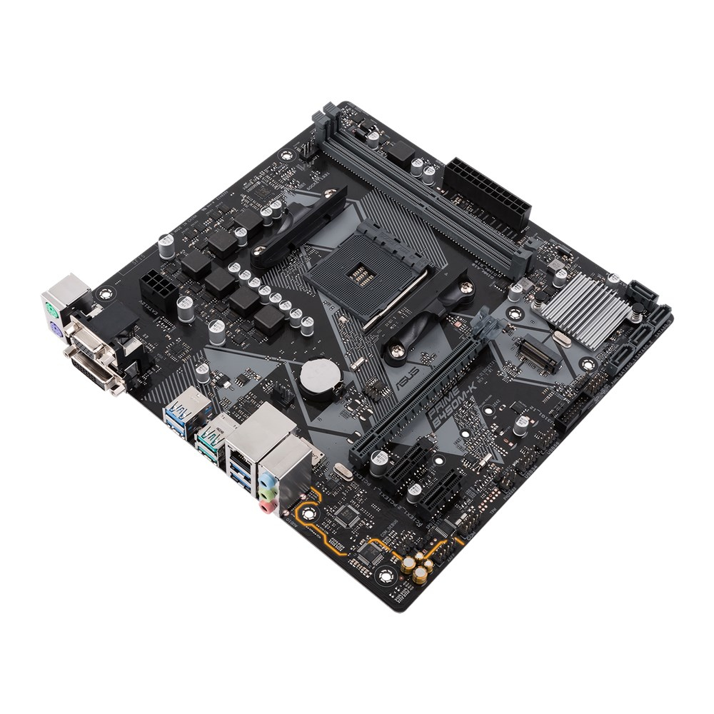 Ein schwarzes und graues Computer-Motherboard mit verschiedenen Anschlüssen, Steckplätzen und Komponenten. Das Modell ASUS PRIME B450M-K ist sichtbar.
