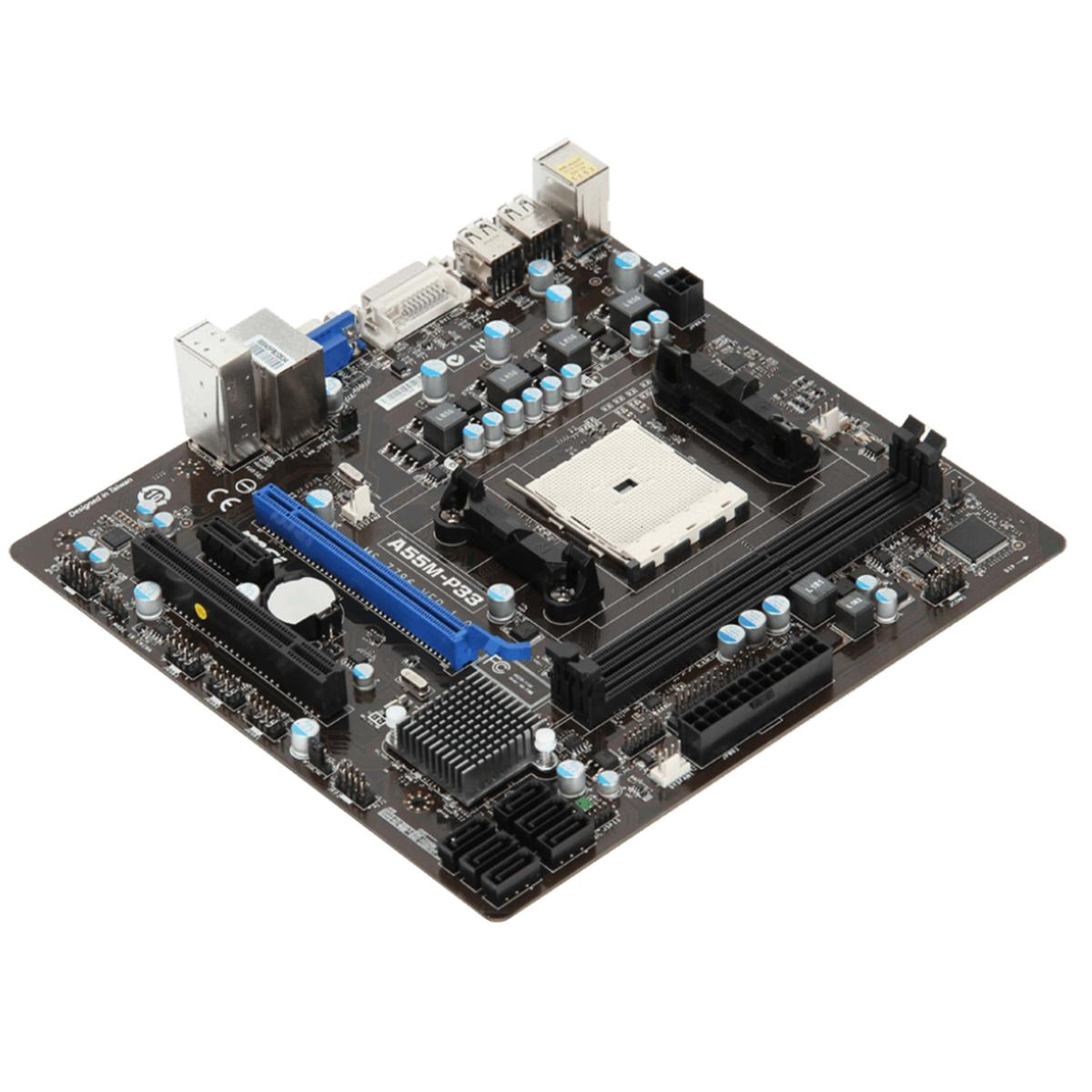 Una scheda madre di computer nera con vari componenti come porte, slot, chip e un socket CPU, su sfondo bianco.