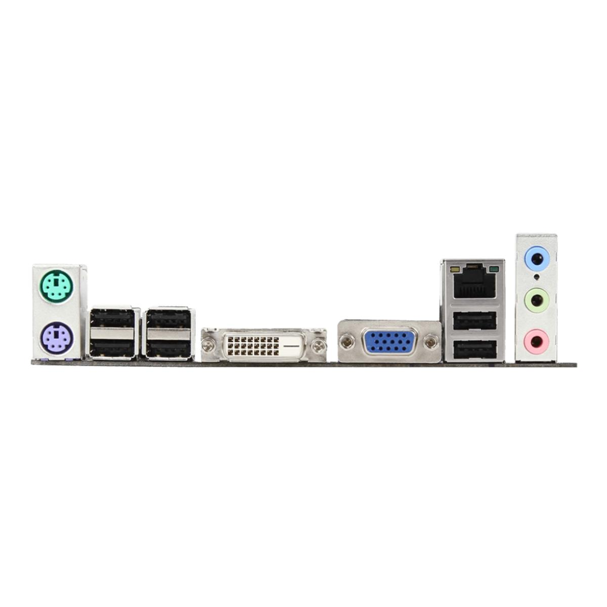 Pannello posteriore di una scheda madre per computer, con varie porte e connettori per periferiche. Include porte audio, USB, video e di rete.