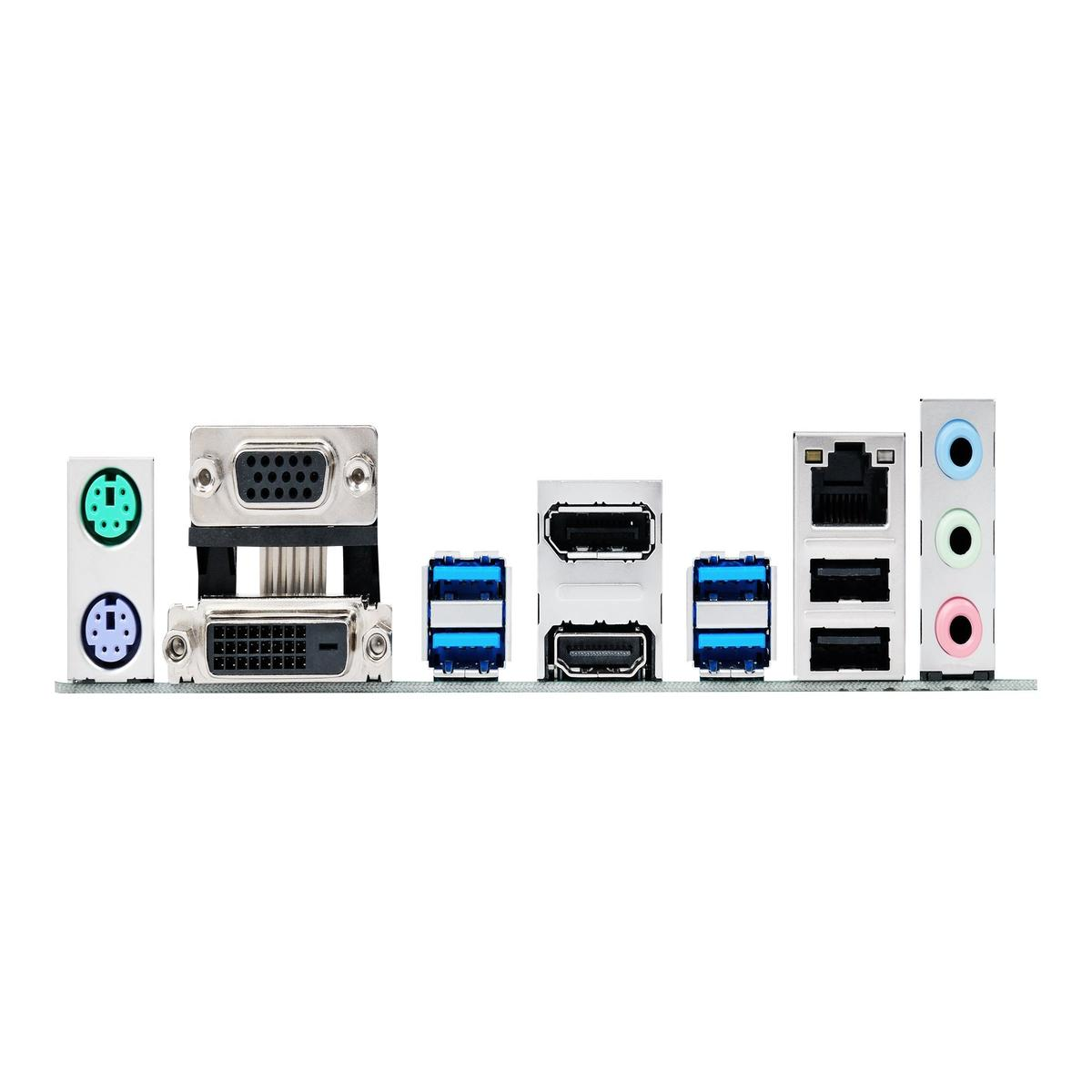 Pannello posteriore di una scheda madre di computer. Le porte includono PS/2, VGA, DVI, USB, HDMI, Ethernet e jack audio. Sfondo bianco.