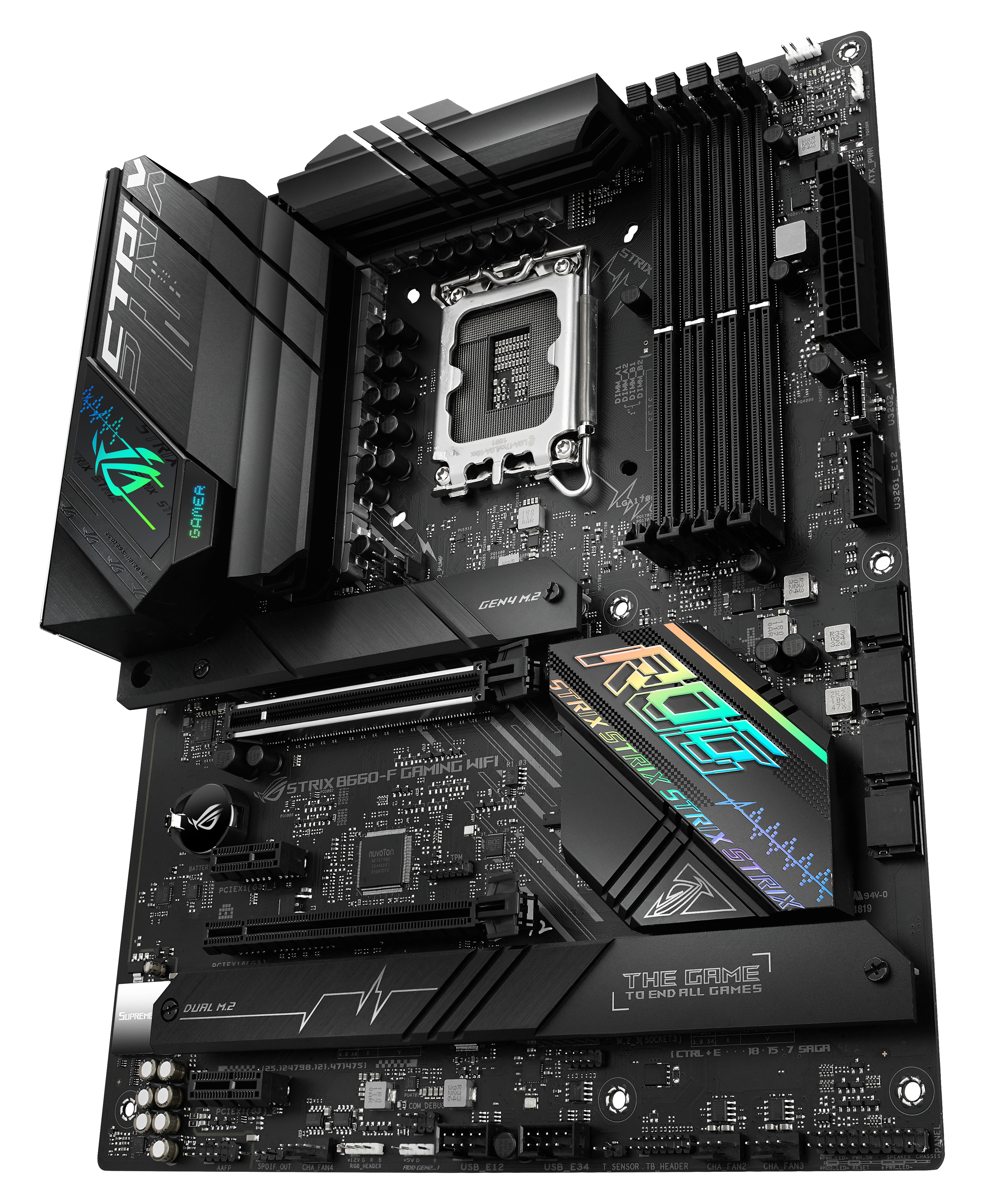 Scheda madre nera con vari componenti, tra cui slot, porte e socket CPU, su sfondo bianco.
