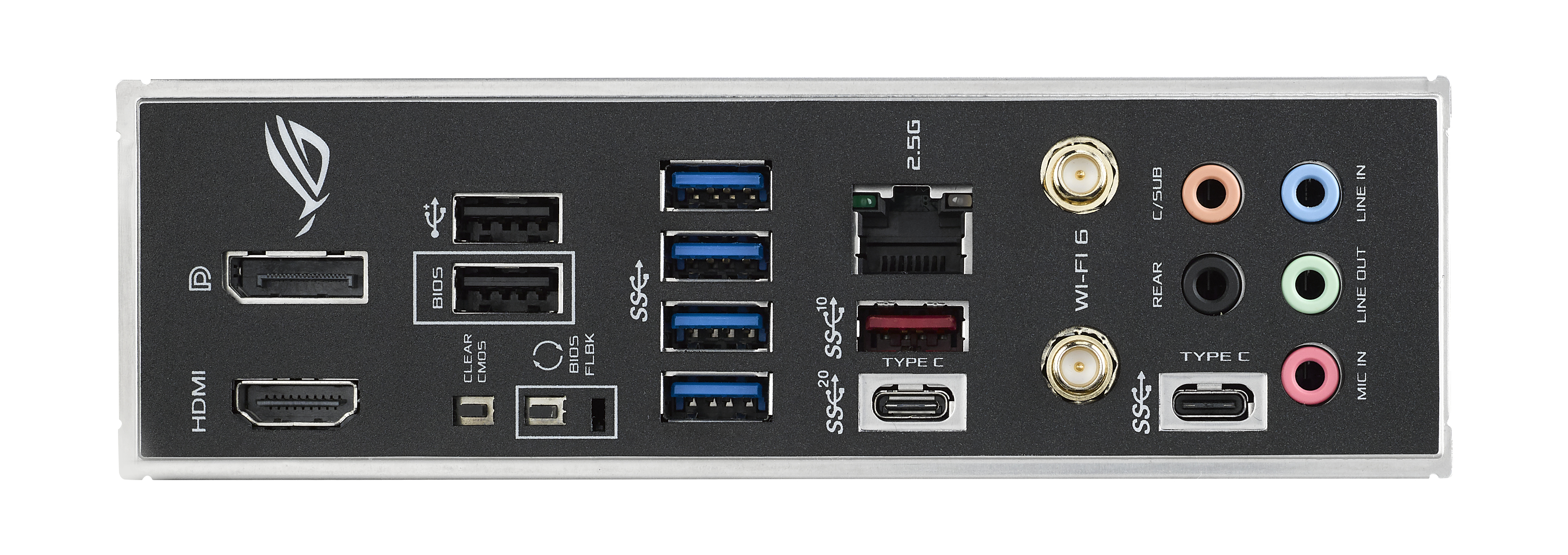 Pannello posteriore di una scheda madre con porte HDMI, USB, jack audio e Wi-Fi. Sfondo bianco.