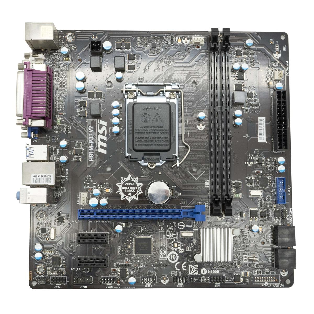 Una scheda madre nera MSI H81M-P33 V2. Componenti: slot, porte e socket CPU LGA115X. Vari chip, condensatori e connettori.