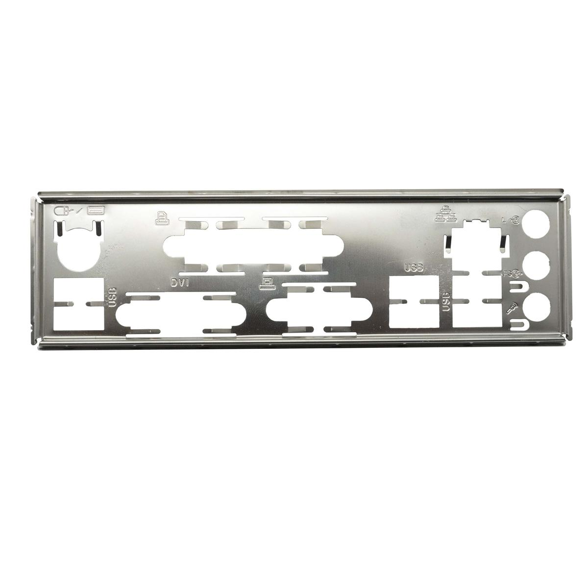 Un pannello posteriore del computer argentato con vari ritagli per USB, DVI e altre porte. Il pannello è rettangolare con finitura opaca.