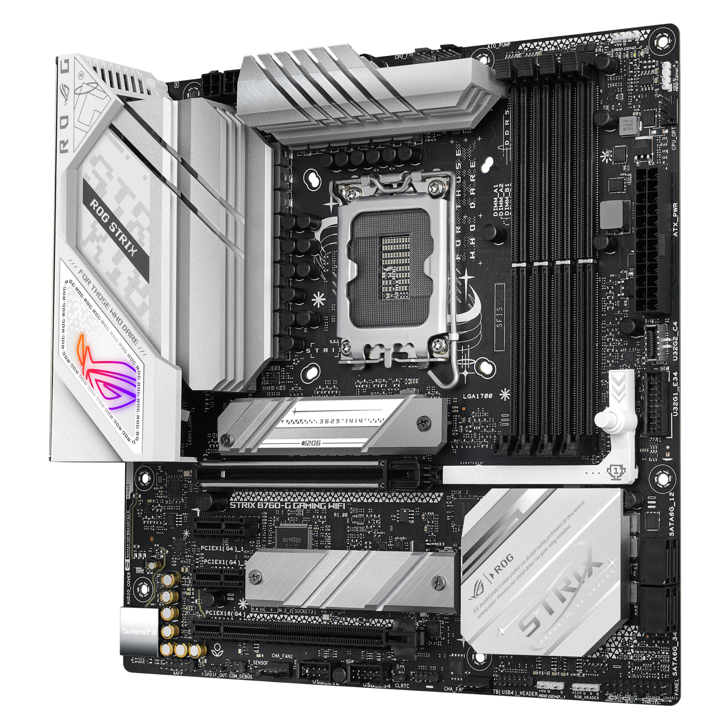 Una scheda madre nera con dettagli argento e il logo ROG STRIX, varie slot e componenti.