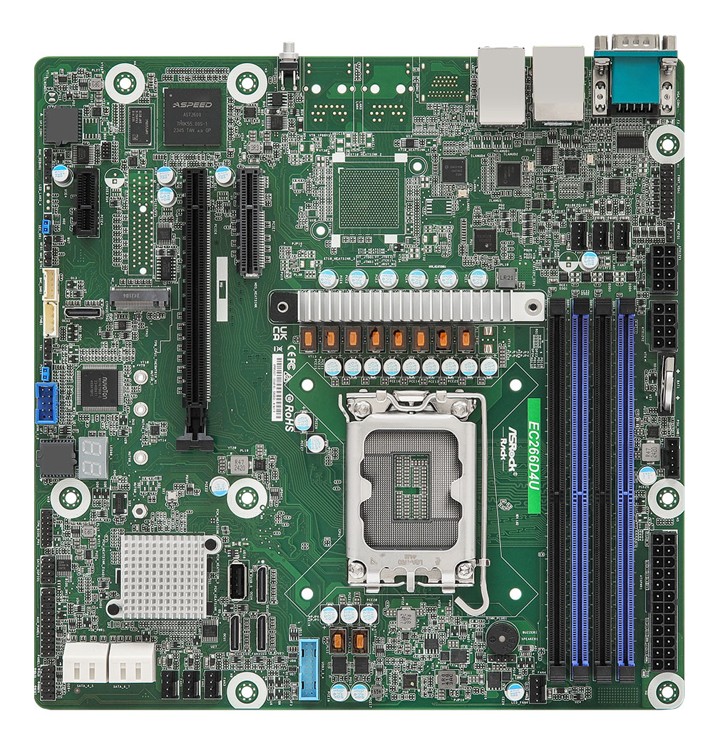 Scheda a circuito verde con vari componenti: chip, porte, slot. Le etichette di testo includono "ASPEED", "EC266D4U" e "ROHS".