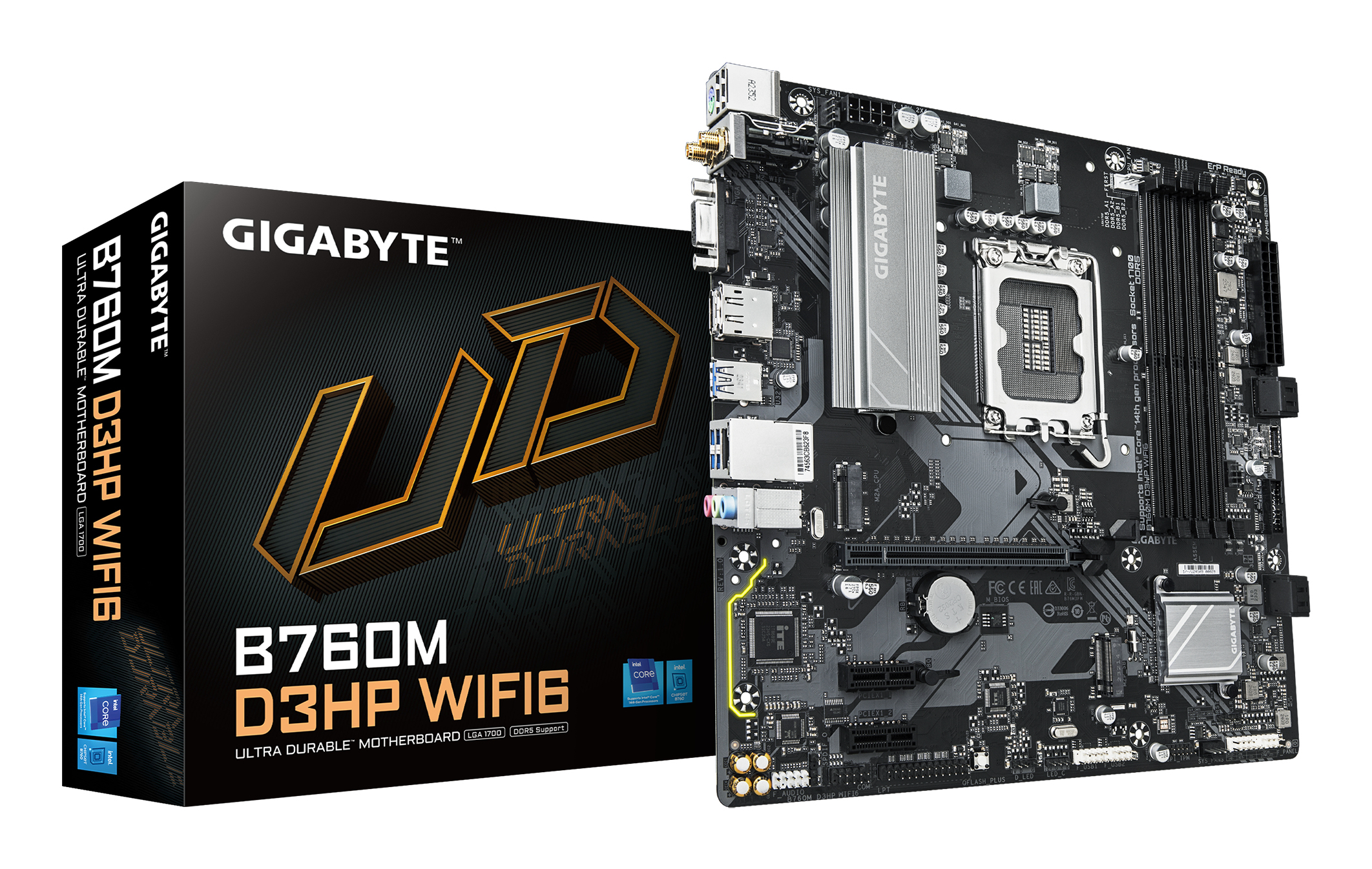 Een Gigabyte B760M D3HP WIFI6 moederbord staat naast de doos. De doos is zwart en goud. Het moederbord is zwart en grijs.